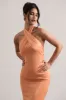 Unbeatable | Peach Satin Cross Over Halter-Neck Maxi Dress sold by Club L London