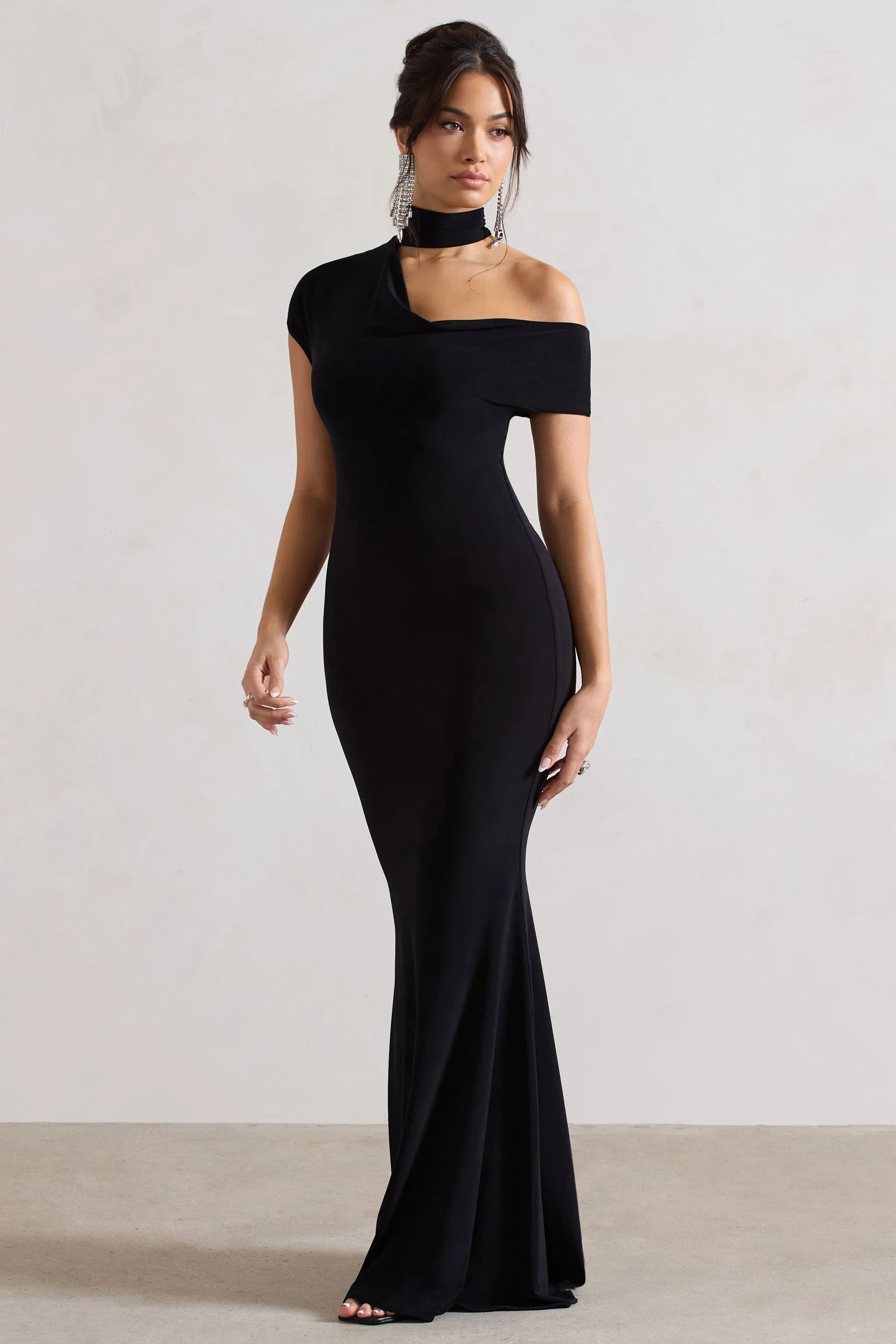 Margaux | Black One-Shoulder Maxi Dress With Halter-Collar sold by Club L London product image thumbnail 5
