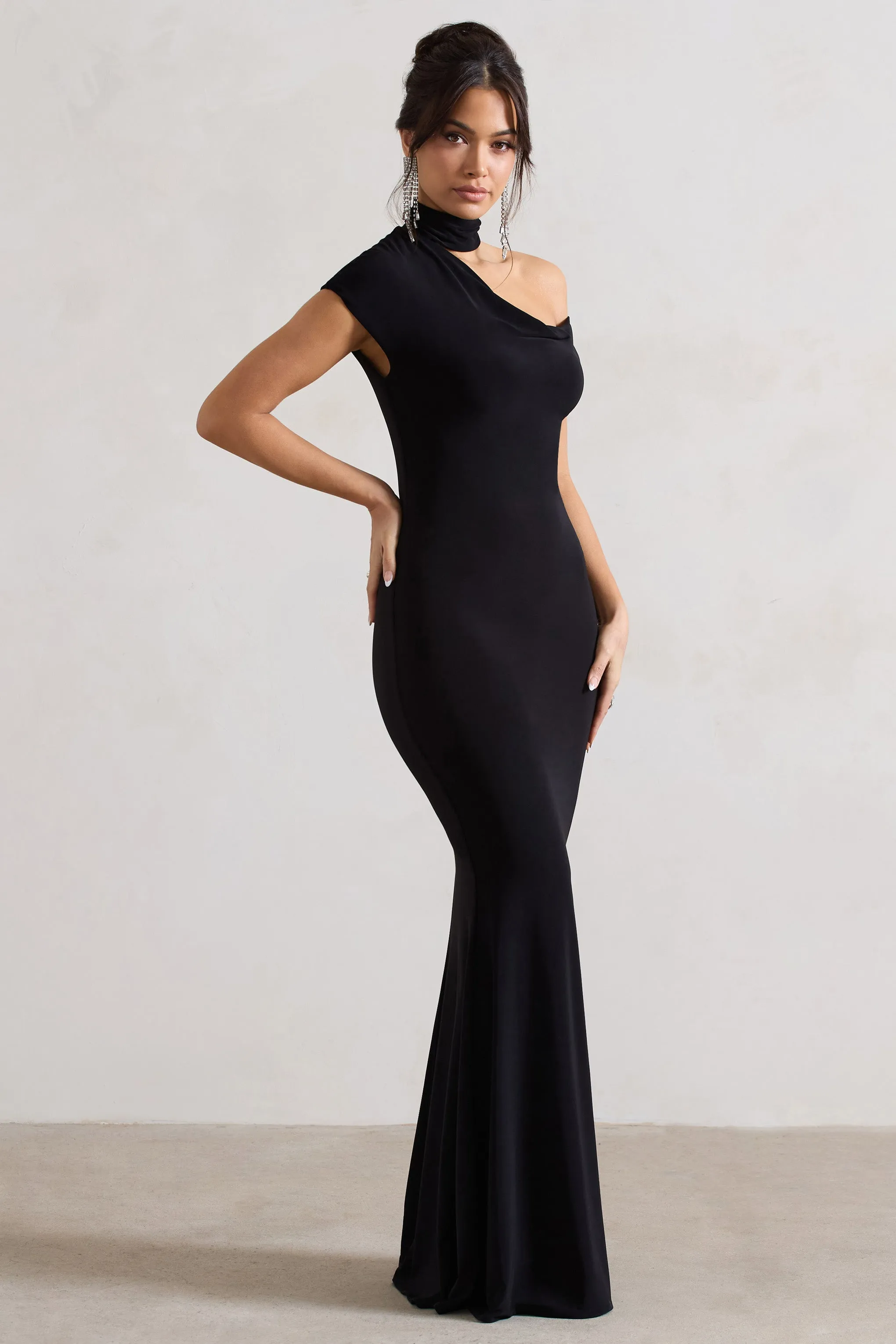 Margaux | Black One-Shoulder Maxi Dress With Halter-Collar sold by Club L London product image thumbnail 4