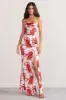 Fairy Tale | Champagne Floral Print Cowl Neck Satin Maxi Dress with Waist Tie sold by Club L London
