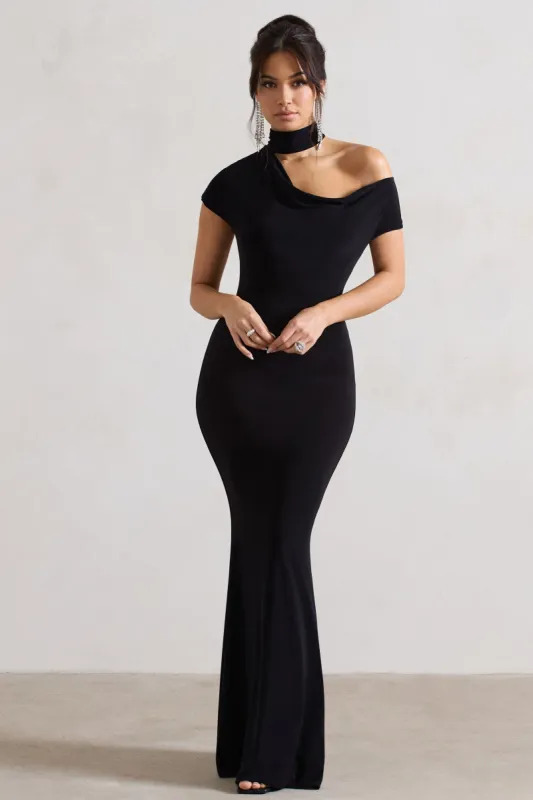 Margaux | Black One-Shoulder Maxi Dress With Halter-Collar sold by Club L London