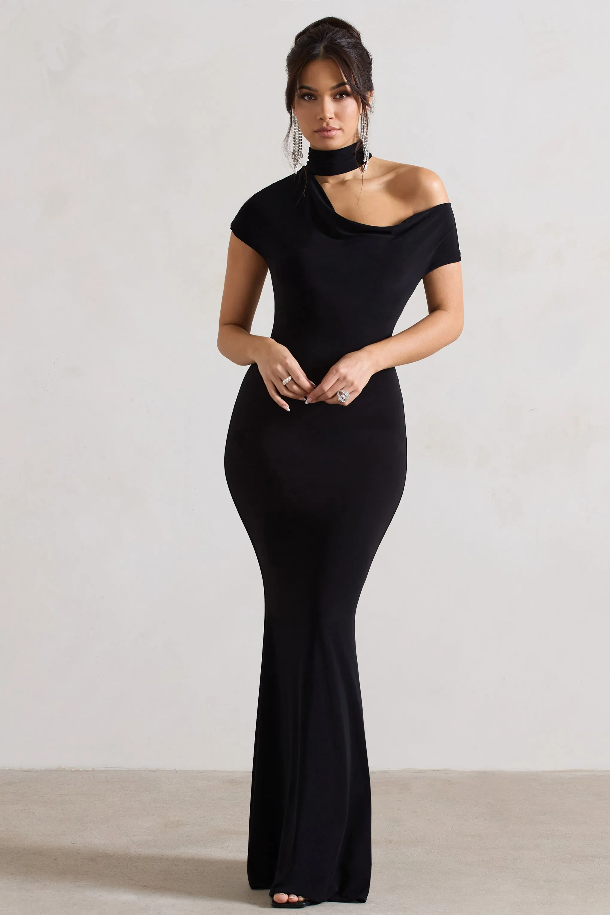 Margaux | Black One-Shoulder Maxi Dress With Halter-Collar sold by Club L London
