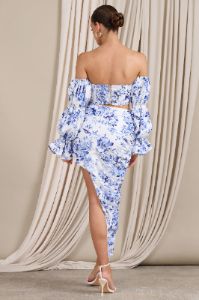 Holiday | Blue Floral Ruched Asymmetric Maxi Skirt sold by Club L London
