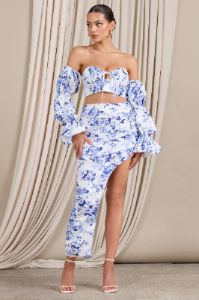 Holiday | Blue Floral Ruched Asymmetric Maxi Skirt sold by Club L London