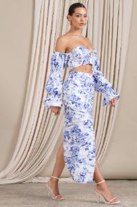 Holiday | Blue Floral Ruched Asymmetric Maxi Skirt sold by Club L London