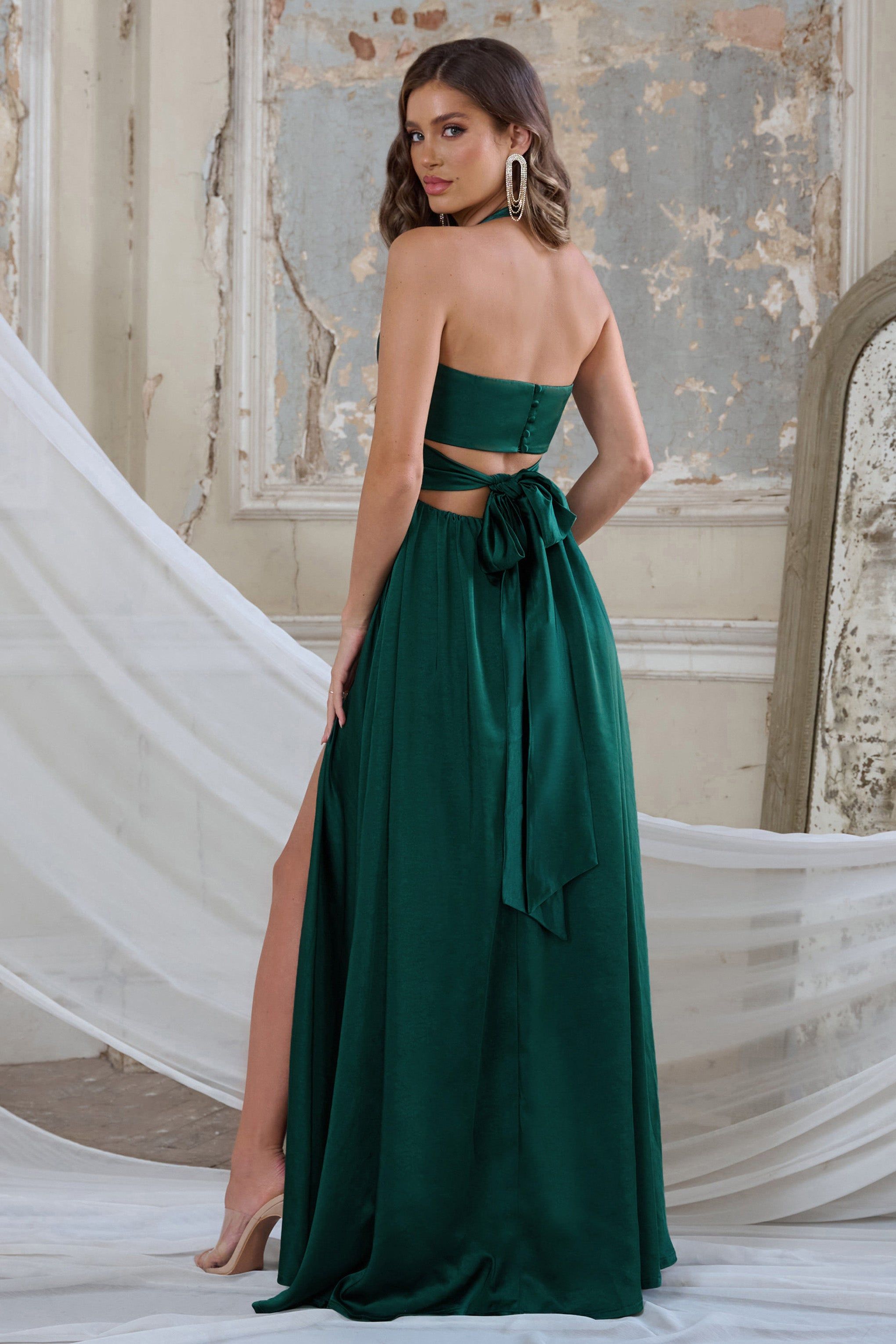 Darling | Bottle Green Satin Halter Neck Bow Back Thigh Split Maxi Dress sold by Club L London product image thumbnail 2