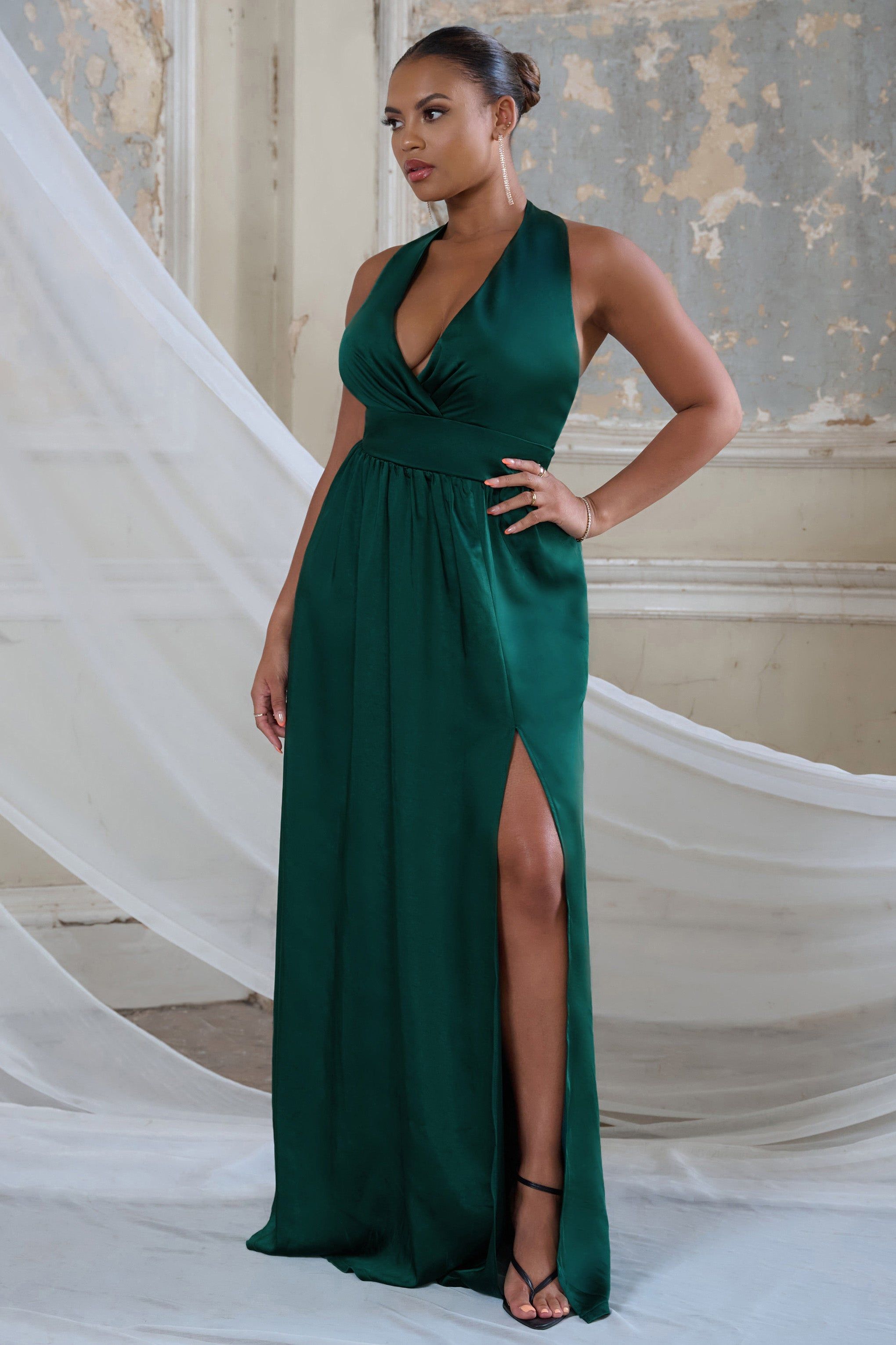 Darling | Bottle Green Satin Halter Neck Bow Back Thigh Split Maxi Dress sold by Club L London product image thumbnail 3