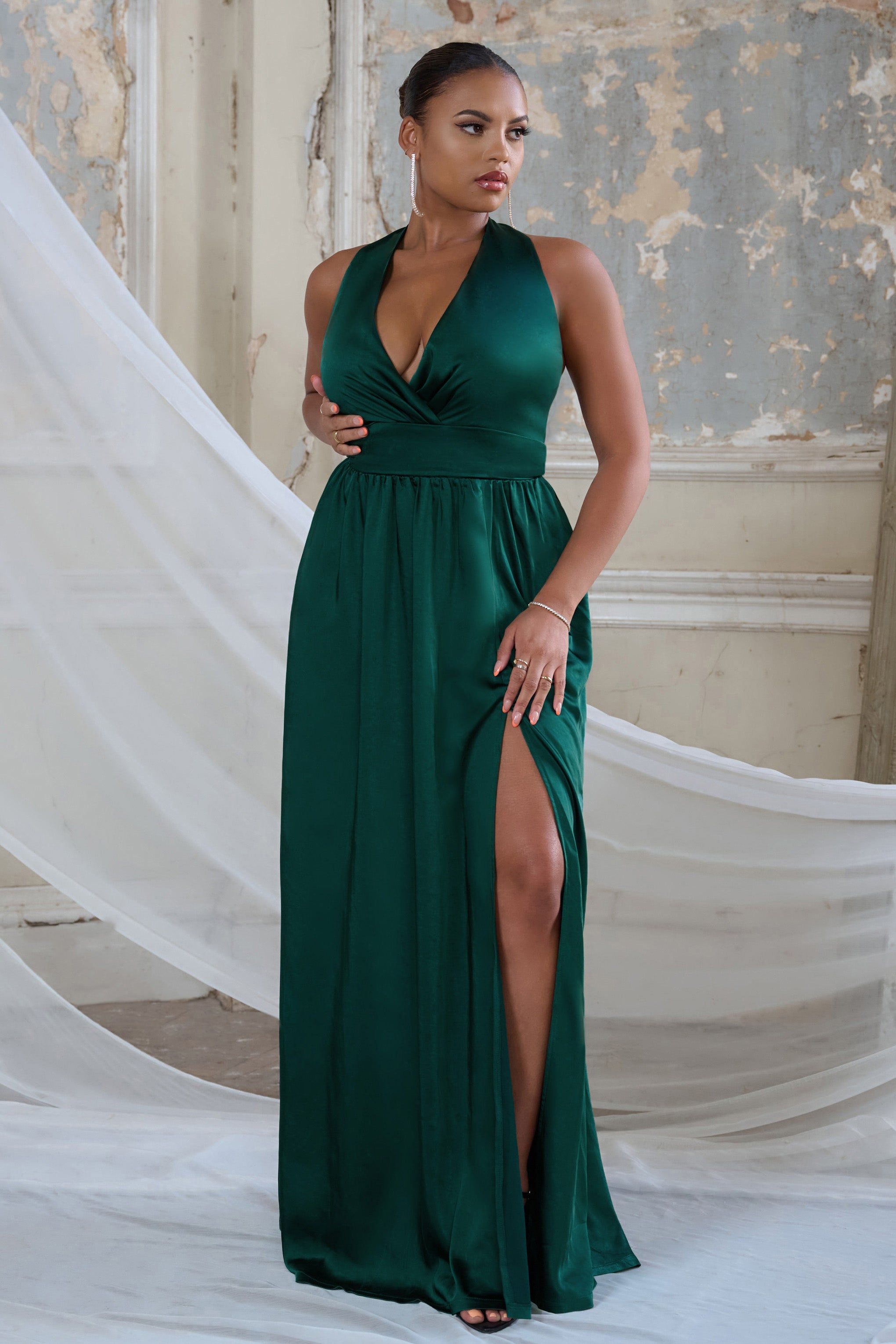 Darling | Bottle Green Satin Halter Neck Bow Back Thigh Split Maxi Dress sold by Club L London product image thumbnail 4