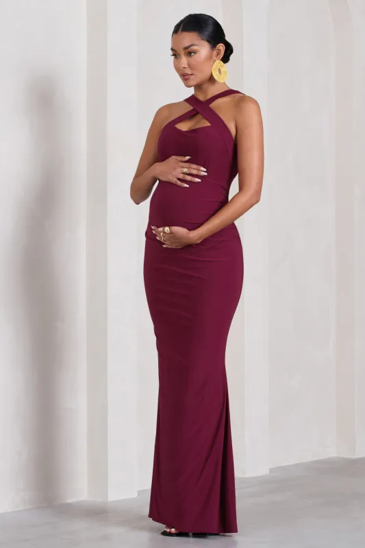 Cross My Heart | Burgundy Sleeveless Cross-Neck Maternity Maxi Dress sold by Club L London