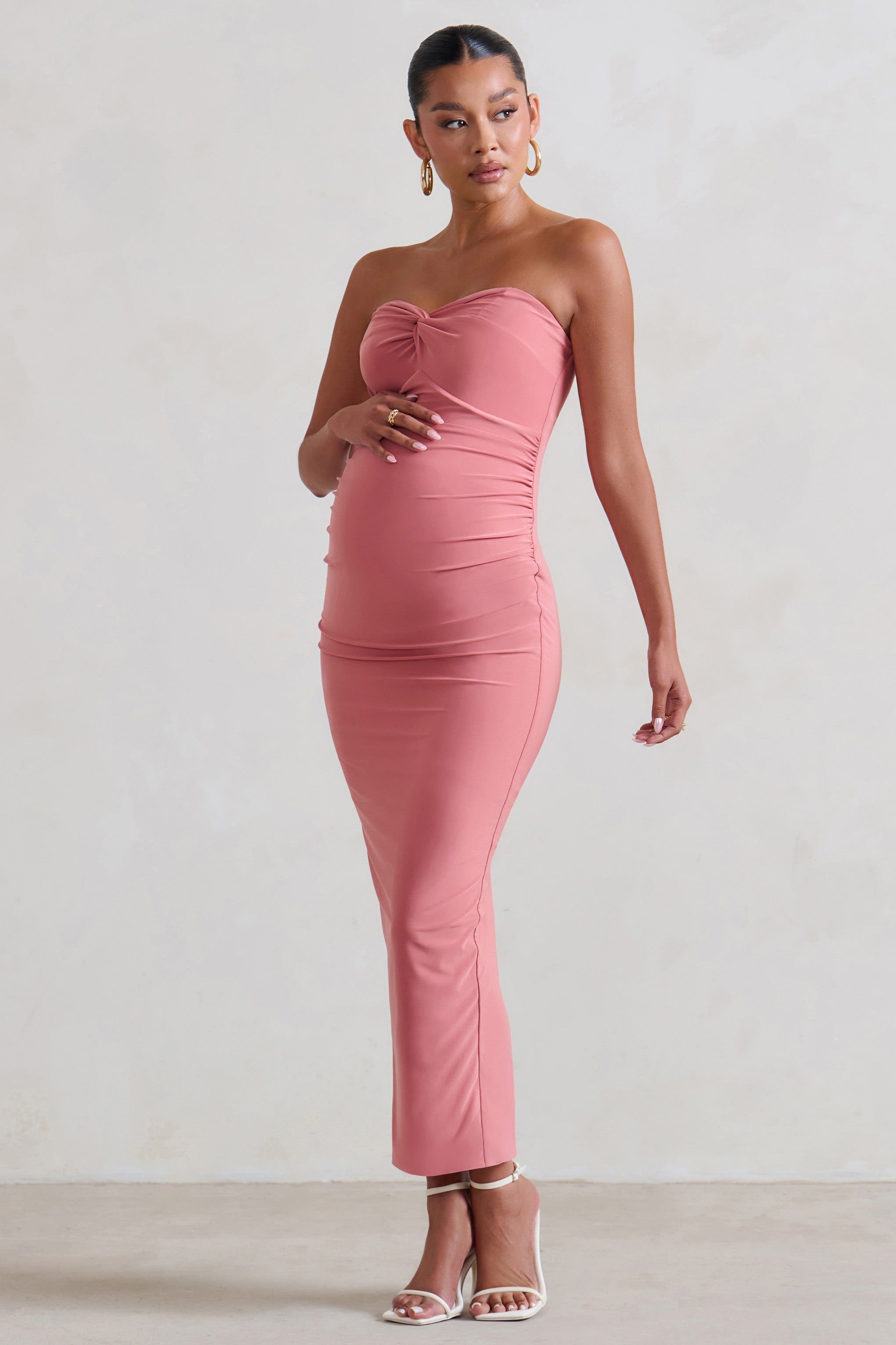 Evita | Pink Maternity Sweetheart Twist Detail Midi Dress sold by Club L London product image thumbnail 4