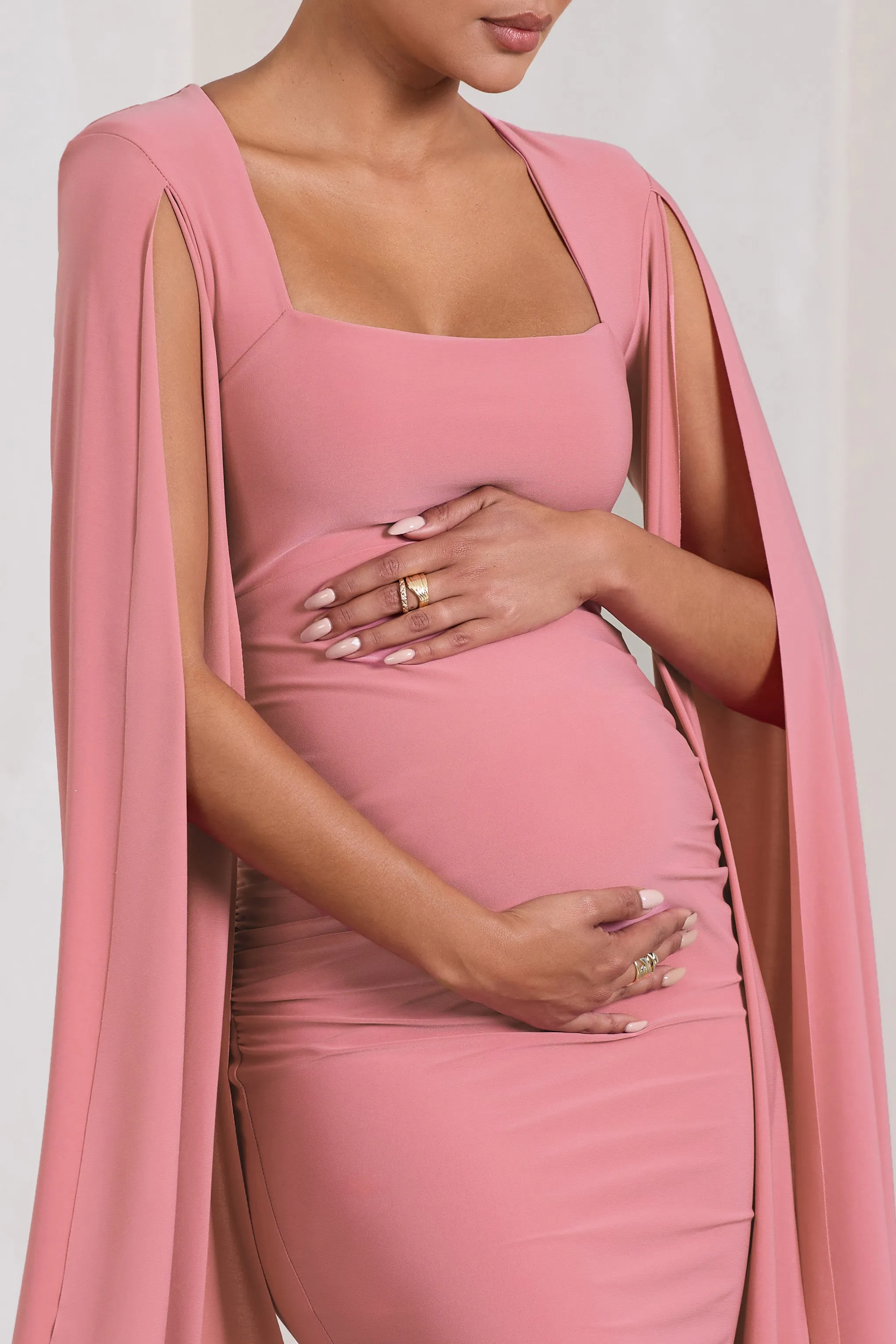 Flawless | Blush Pink Maternity Square Neck Midi Dress With Cape Sleeves sold by Club L London product image thumbnail 3
