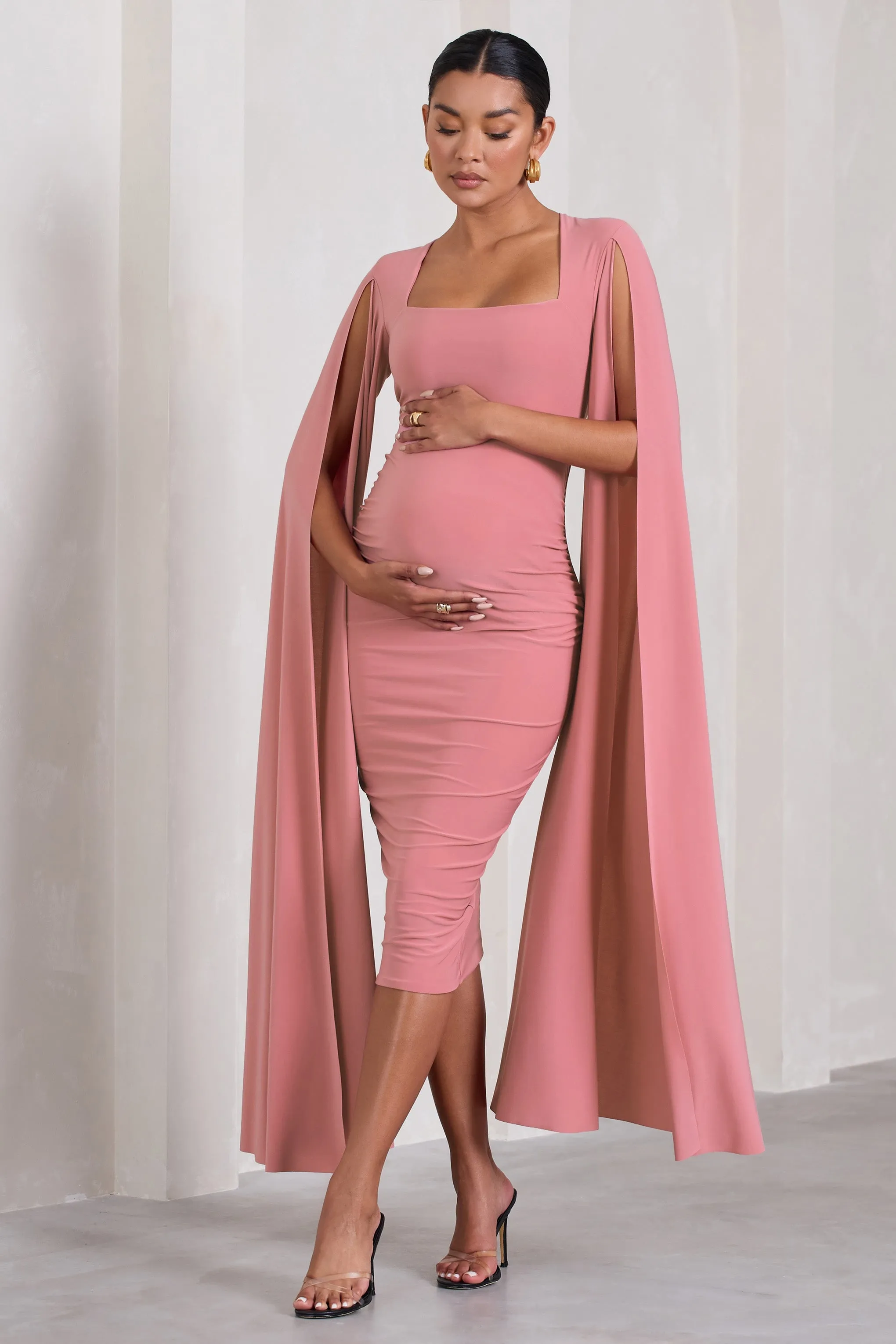 Flawless | Blush Pink Maternity Square Neck Midi Dress With Cape Sleeves sold by Club L London product image thumbnail 5