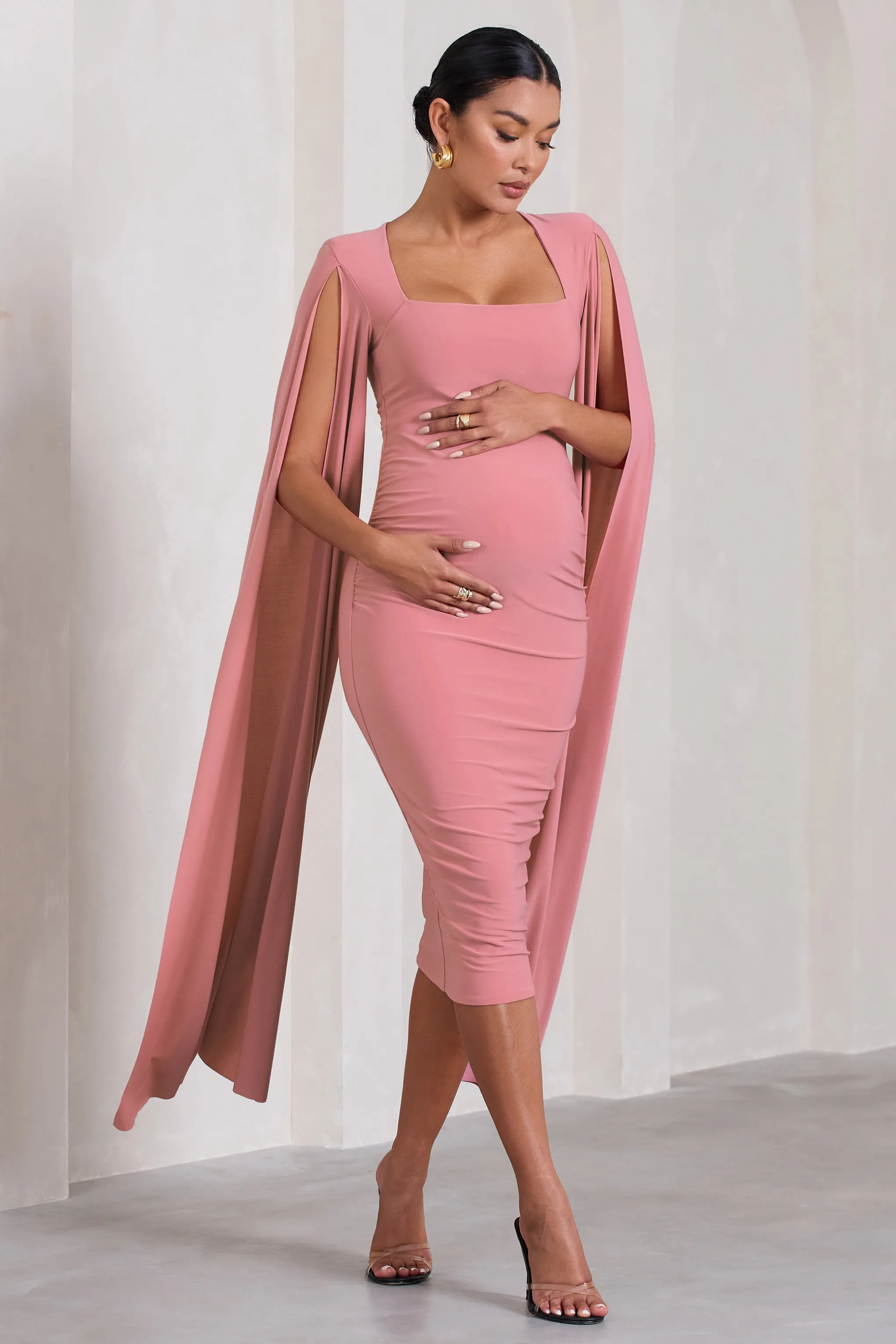 Flawless | Blush Pink Maternity Square Neck Midi Dress With Cape Sleeves sold by Club L London product image thumbnail 4