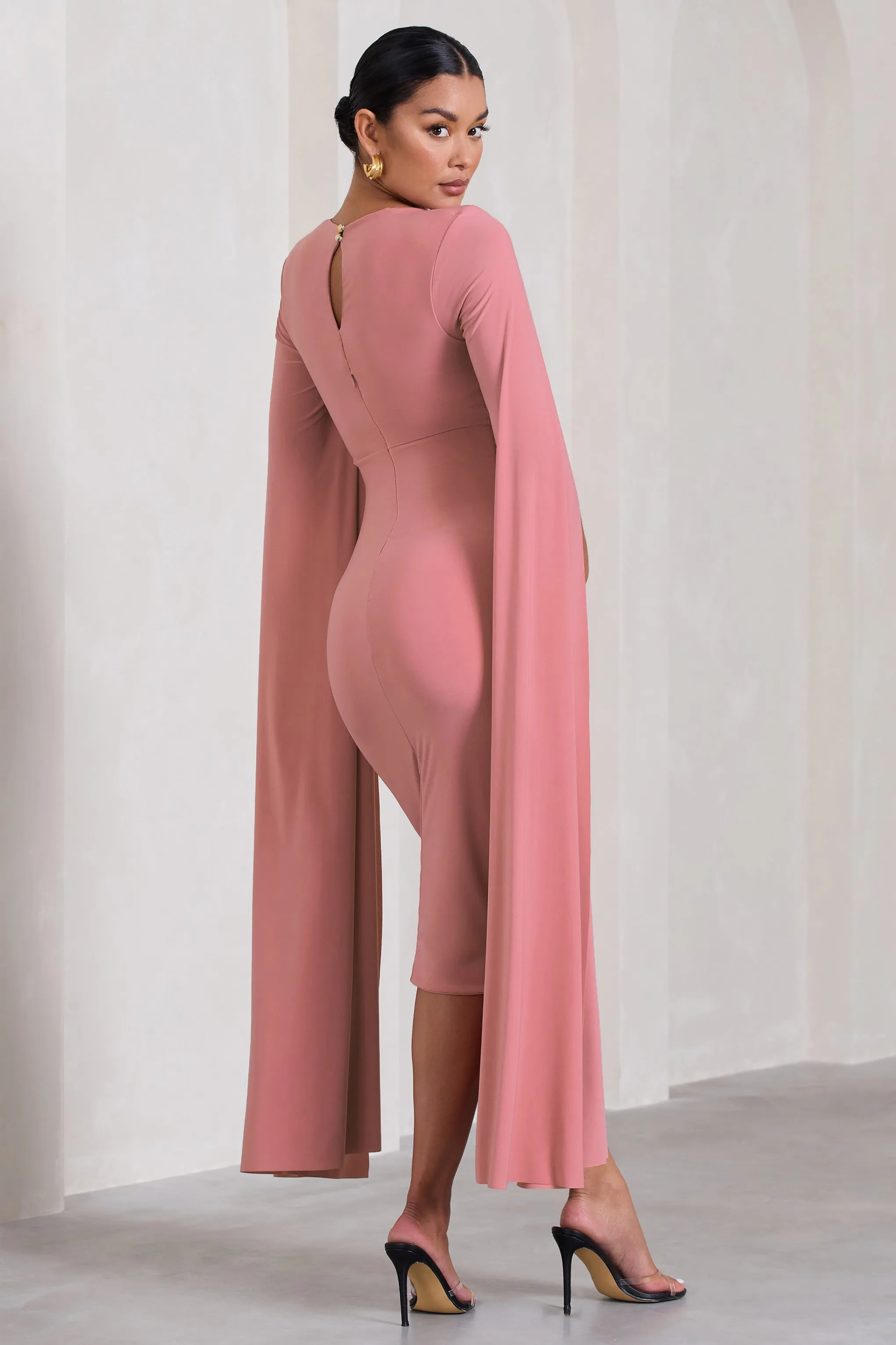Flawless | Blush Pink Maternity Square Neck Midi Dress With Cape Sleeves sold by Club L London product image thumbnail 2
