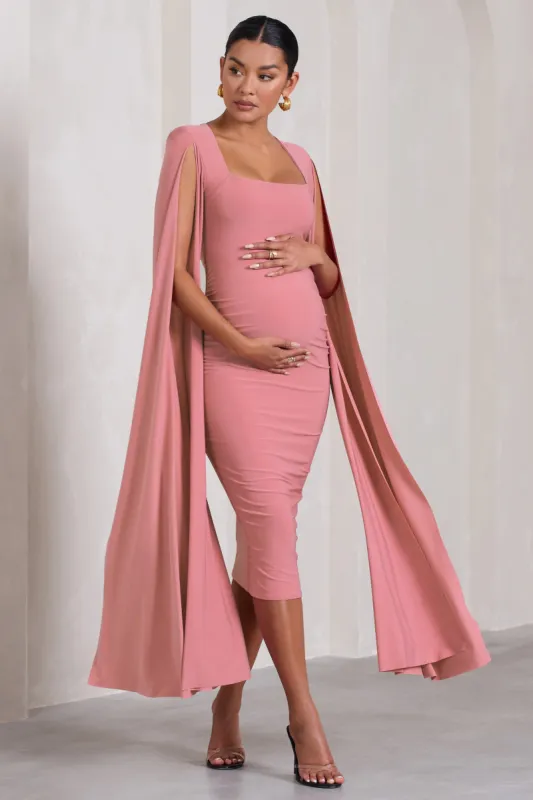Flawless | Blush Pink Maternity Square Neck Midi Dress With Cape Sleeves sold by Club L London