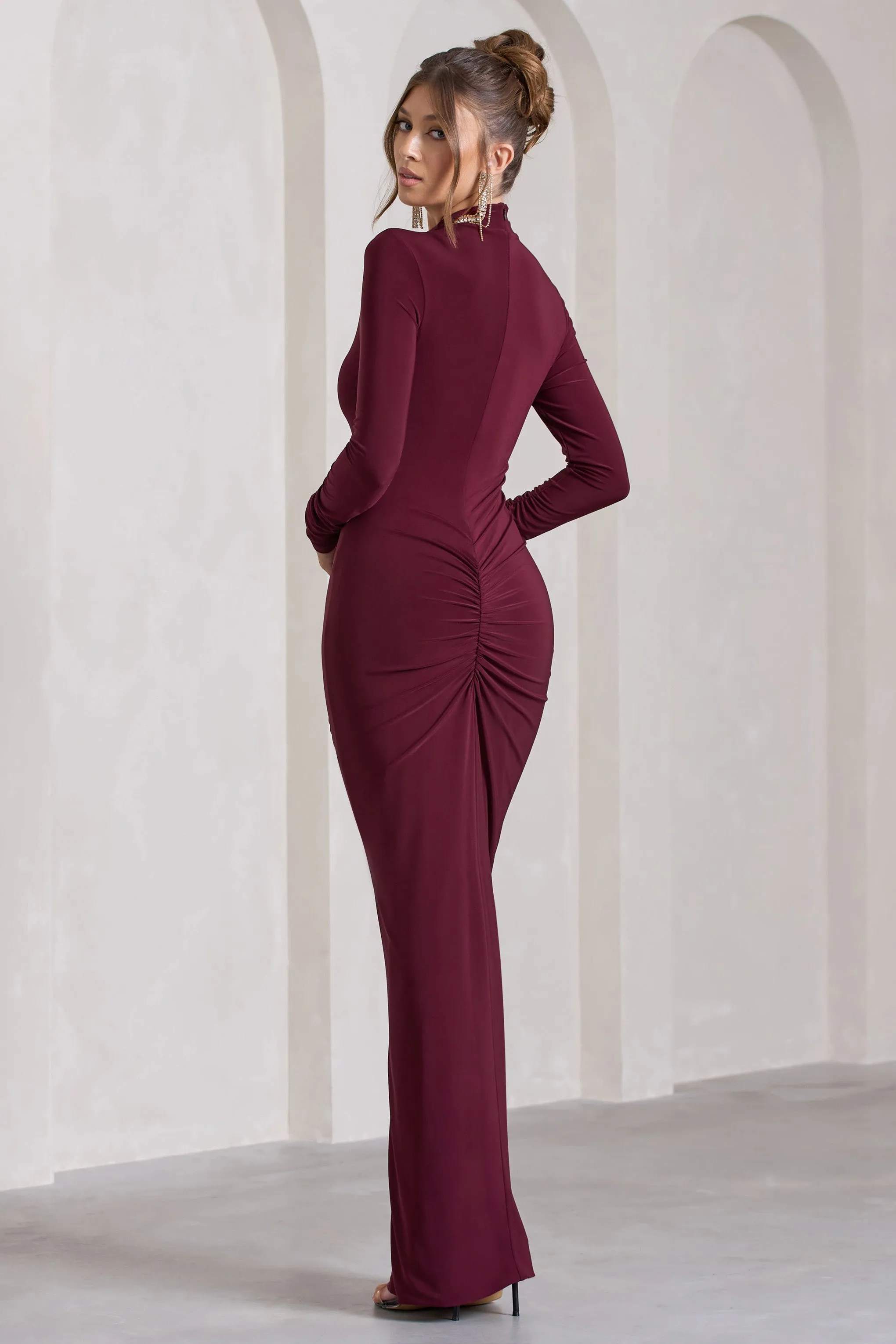 Lynn | Burgundy Ruched High-Neck Split Maxi Dress sold by Club L London product image thumbnail 2