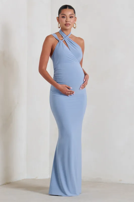 Alba | Powder Blue Maternity Halter Asymmetric Maxi Dress with Cut Out sold by Club L London