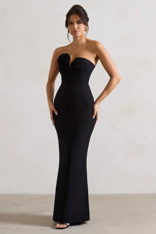 Enticed | Black Strapless V-Neck Maxi Dress With Flowers sold by Club L London