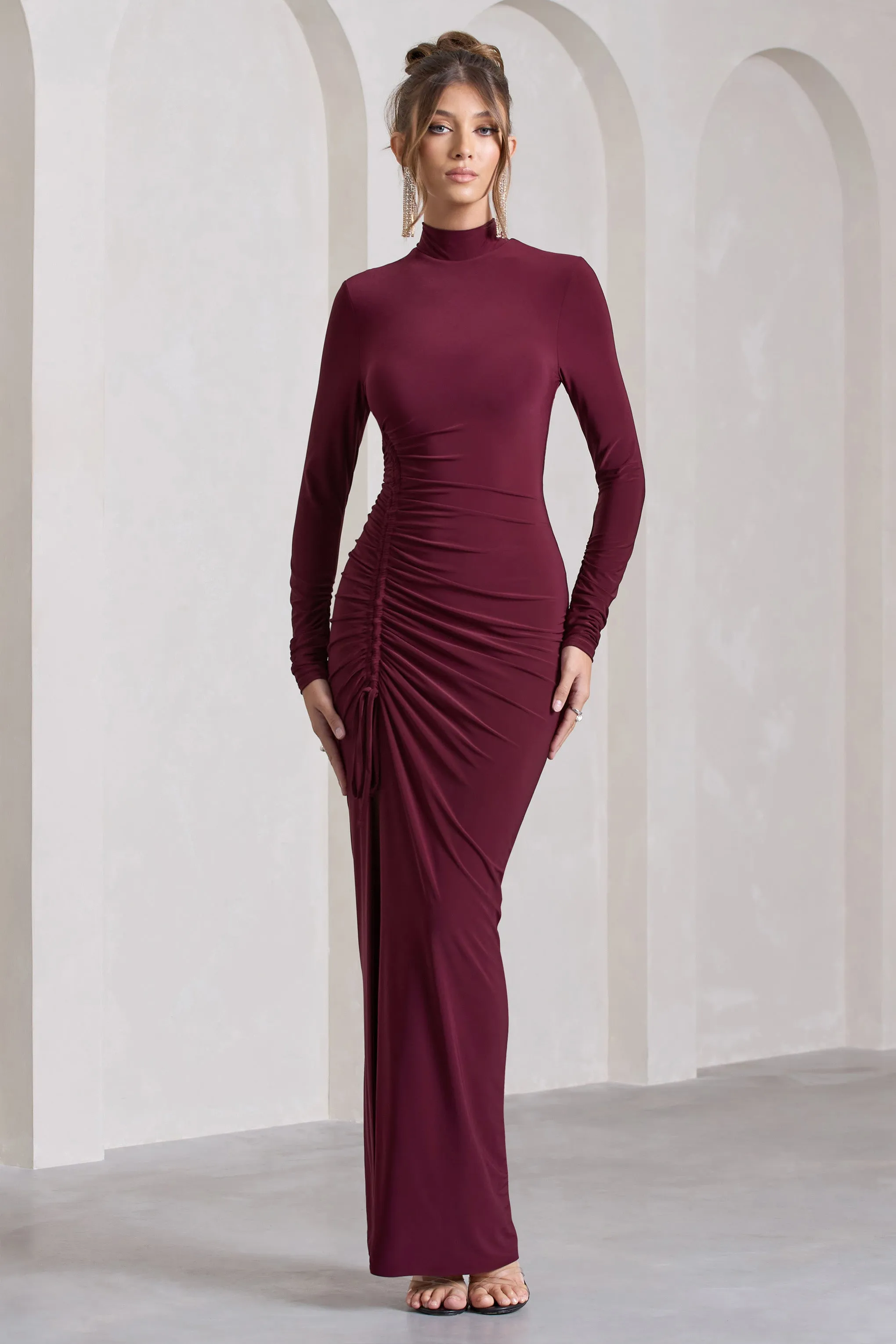 Lynn | Burgundy Ruched High-Neck Split Maxi Dress sold by Club L London product image thumbnail 4