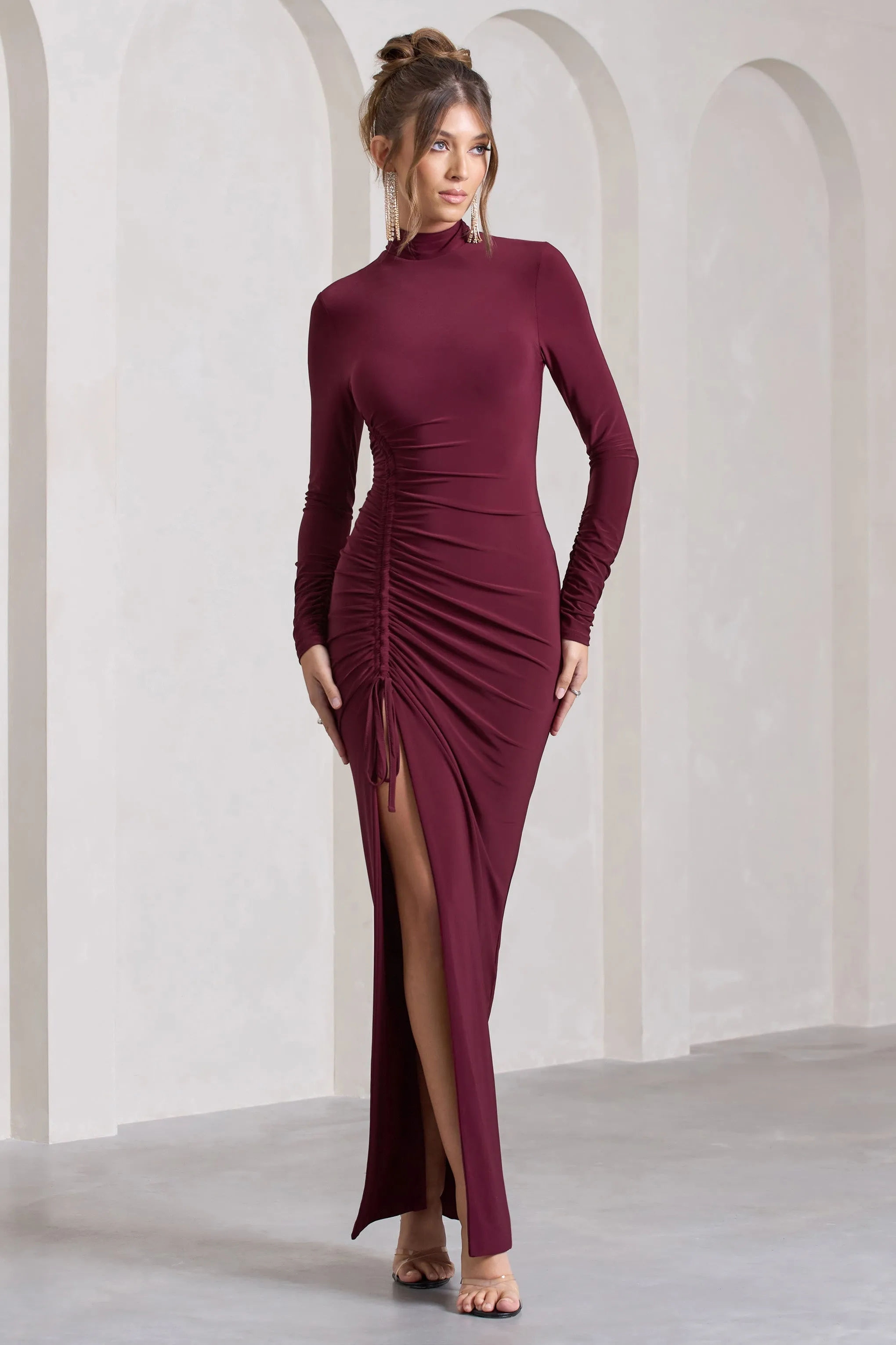Lynn | Burgundy Ruched High-Neck Split Maxi Dress sold by Club L London product image thumbnail 5