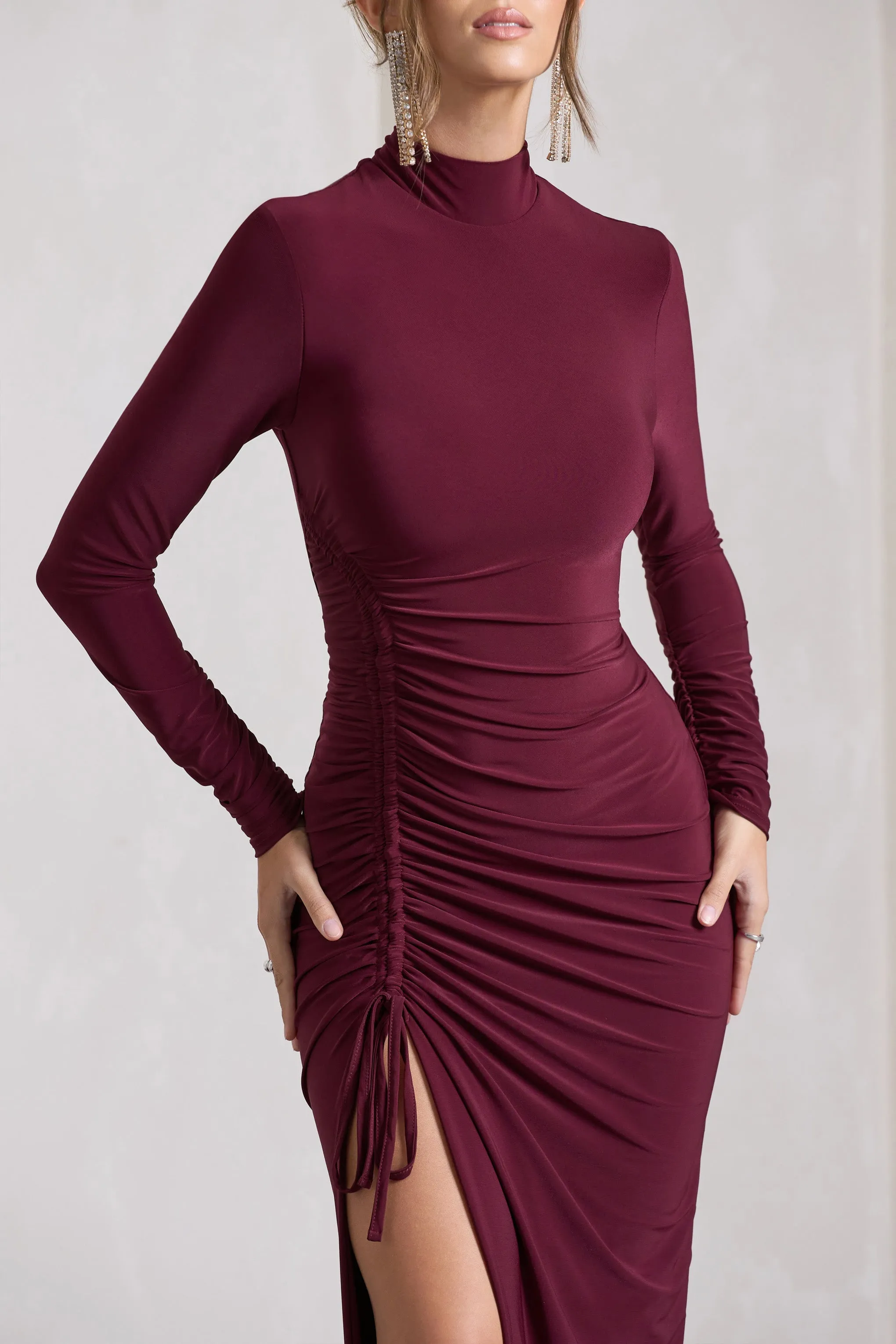Lynn | Burgundy Ruched High-Neck Split Maxi Dress sold by Club L London product image thumbnail 3
