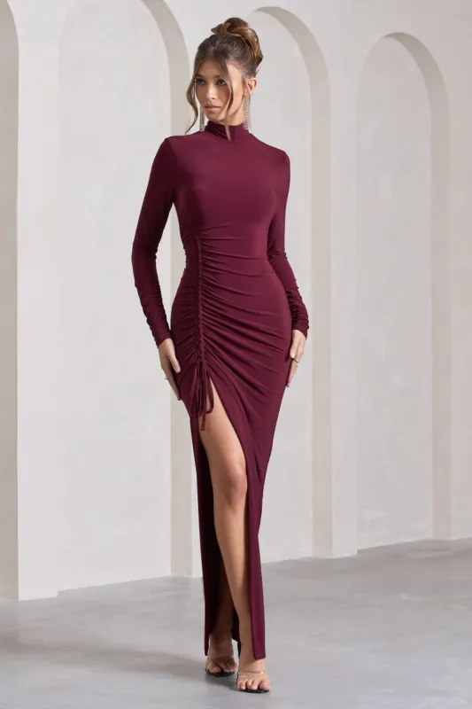 Lynn | Burgundy Ruched High-Neck Split Maxi Dress sold by Club L London