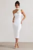 The Soiree | White Bodycon Midi Dress With Ruffled Choker sold by Club L London