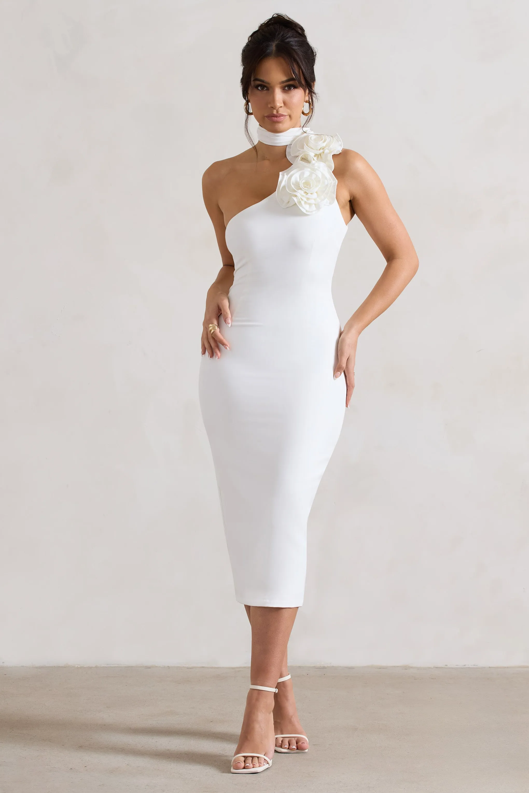 The Soiree | White Bodycon Midi Dress With Ruffled Choker sold by Club L London product image thumbnail 4
