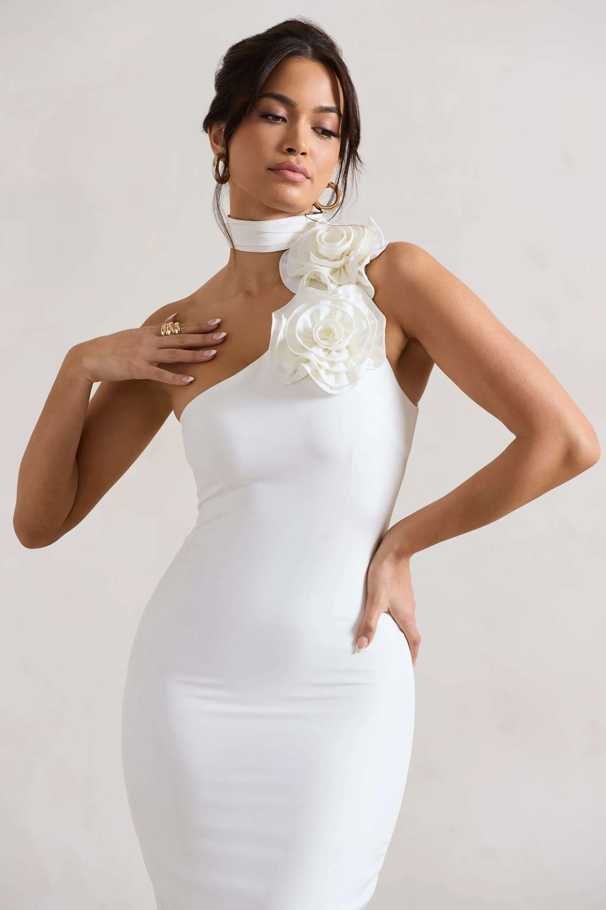 The Soiree | White Bodycon Midi Dress With Ruffled Choker sold by Club L London product image thumbnail 3