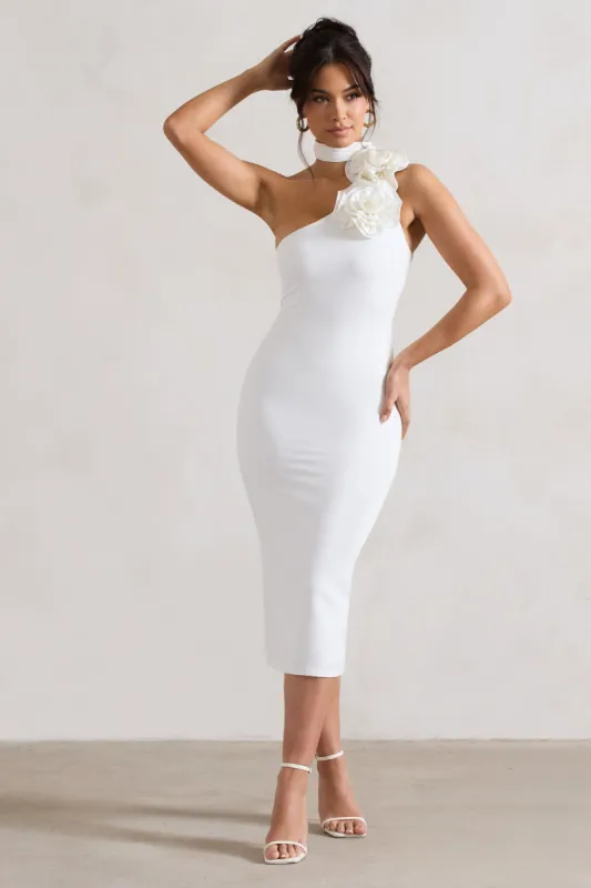 The Soiree | White Bodycon Midi Dress With Ruffled Choker sold by Club L London