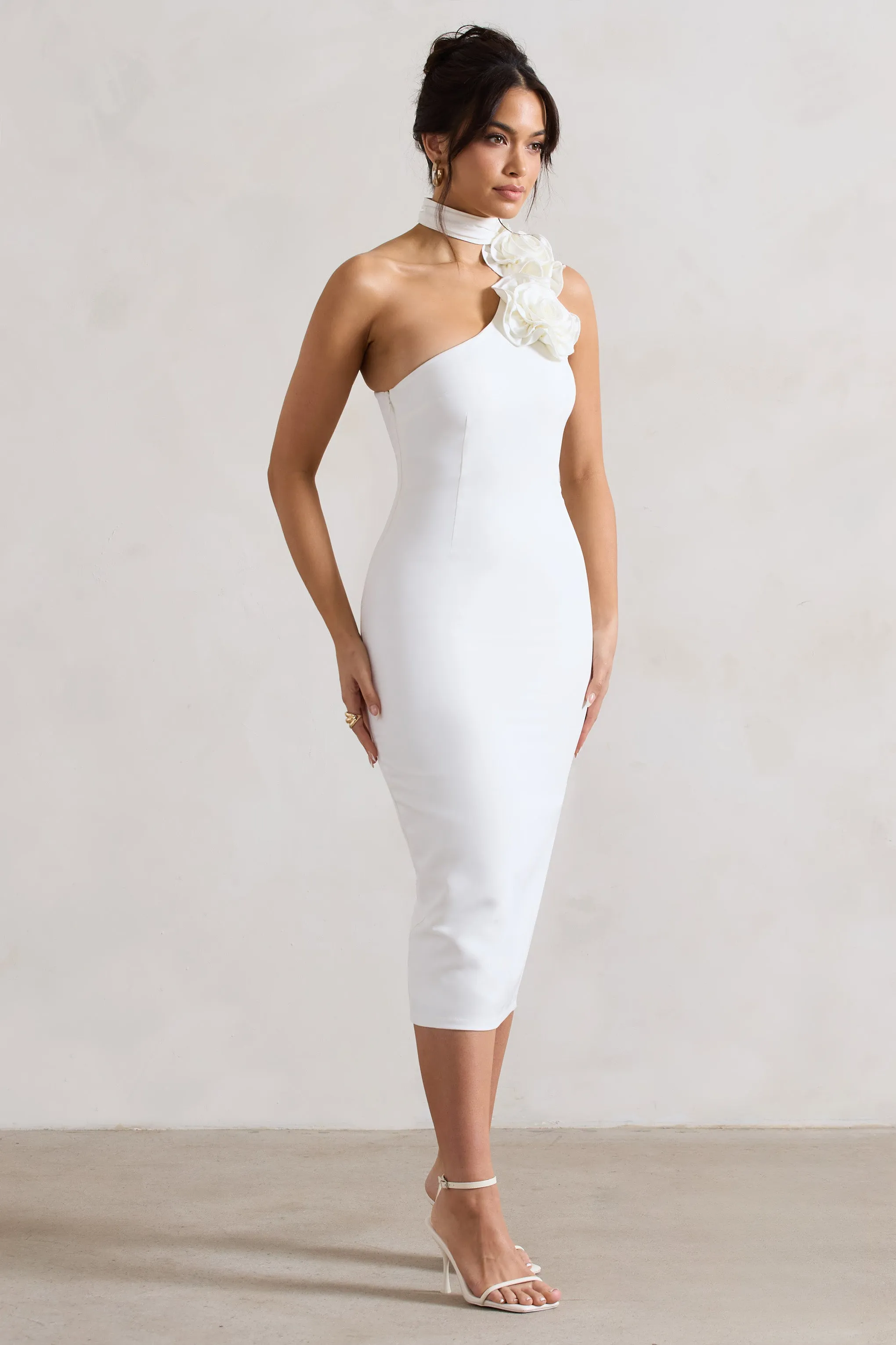 The Soiree | White Bodycon Midi Dress With Ruffled Choker sold by Club L London product image thumbnail 5