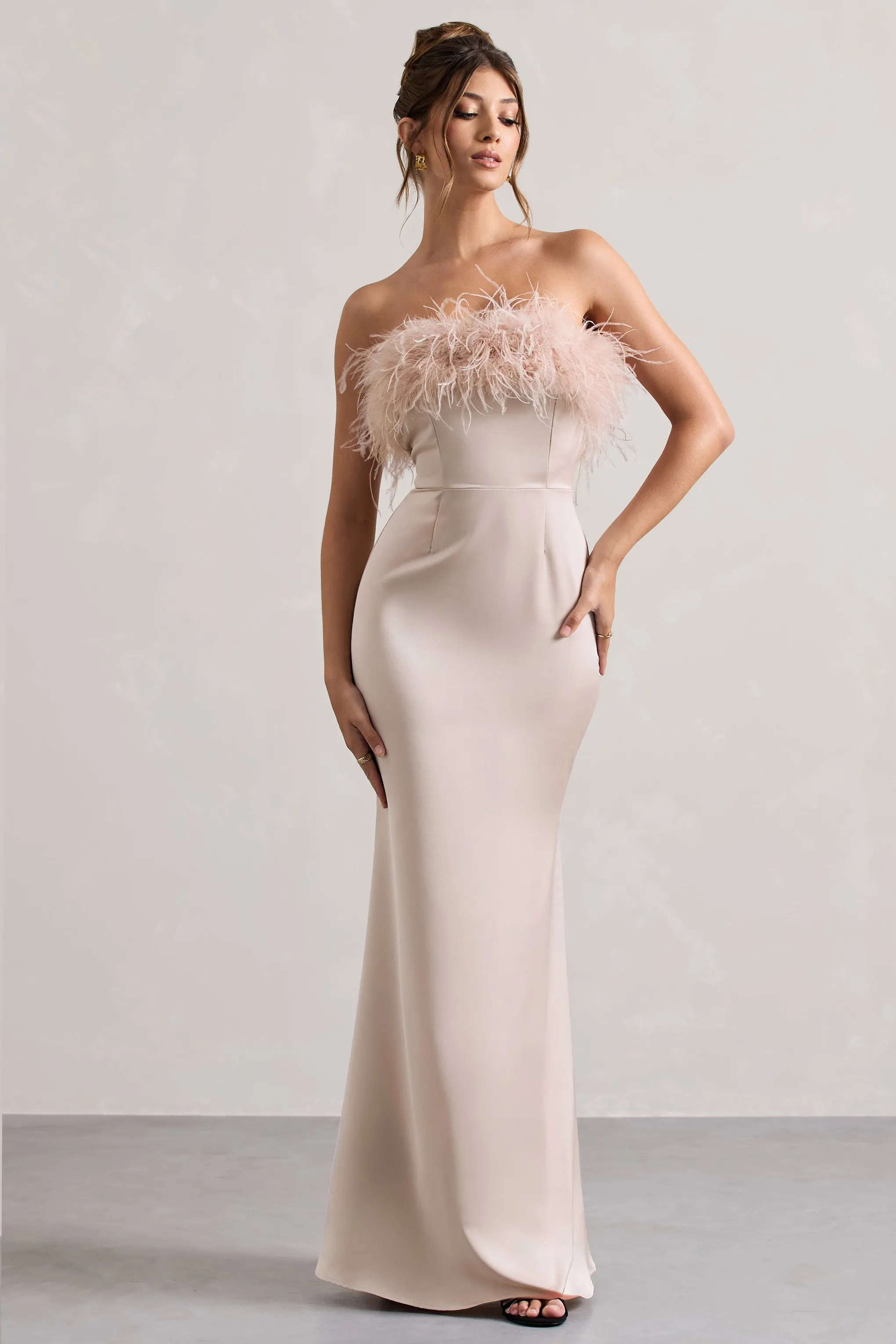 Dress For It | Champagne Satin Feather Trim Bandeau Maxi Dress sold by Club L London