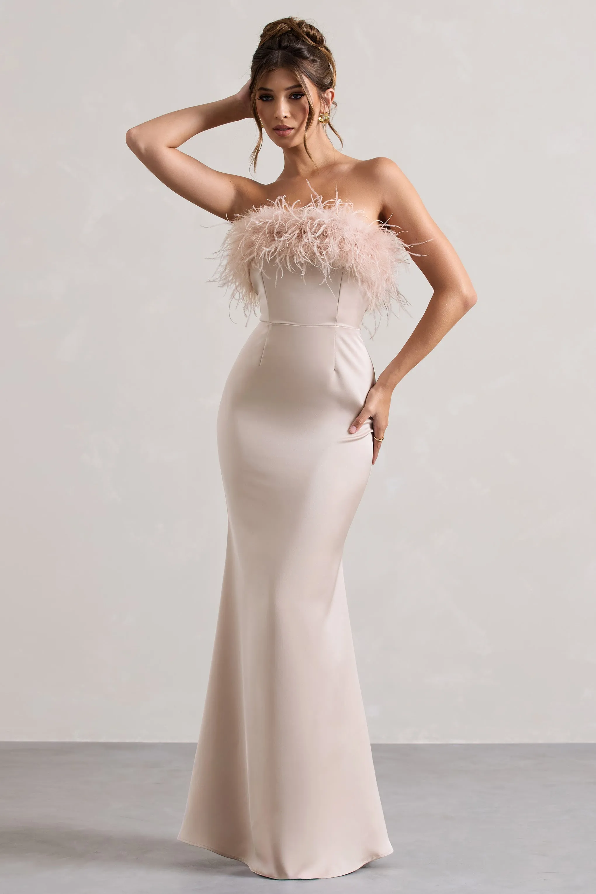 Dress For It | Champagne Satin Feather Trim Bandeau Maxi Dress sold by Club L London product image thumbnail 5