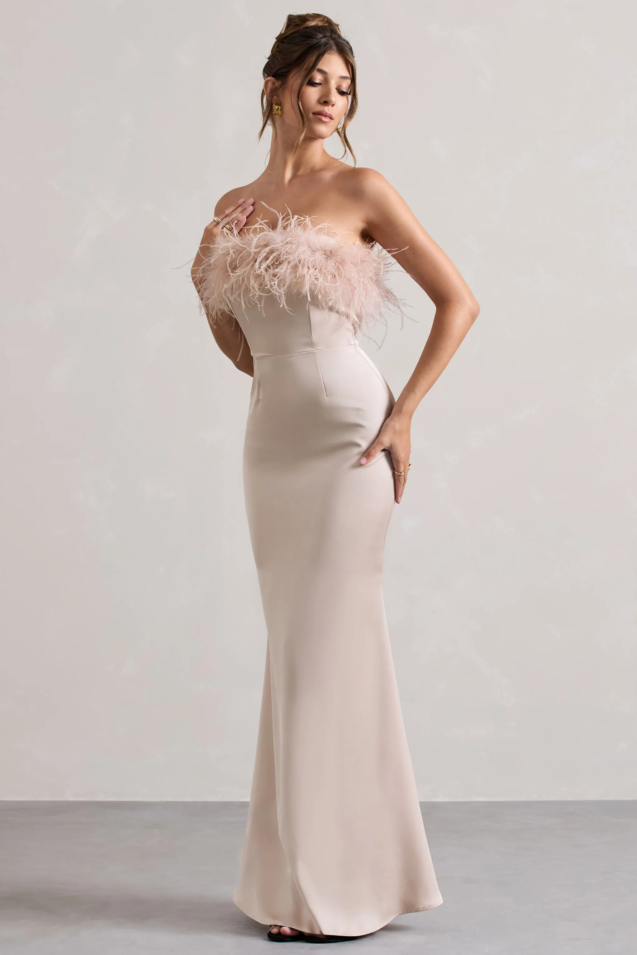 Dress For It | Champagne Satin Feather Trim Bandeau Maxi Dress sold by Club L London product image thumbnail 4