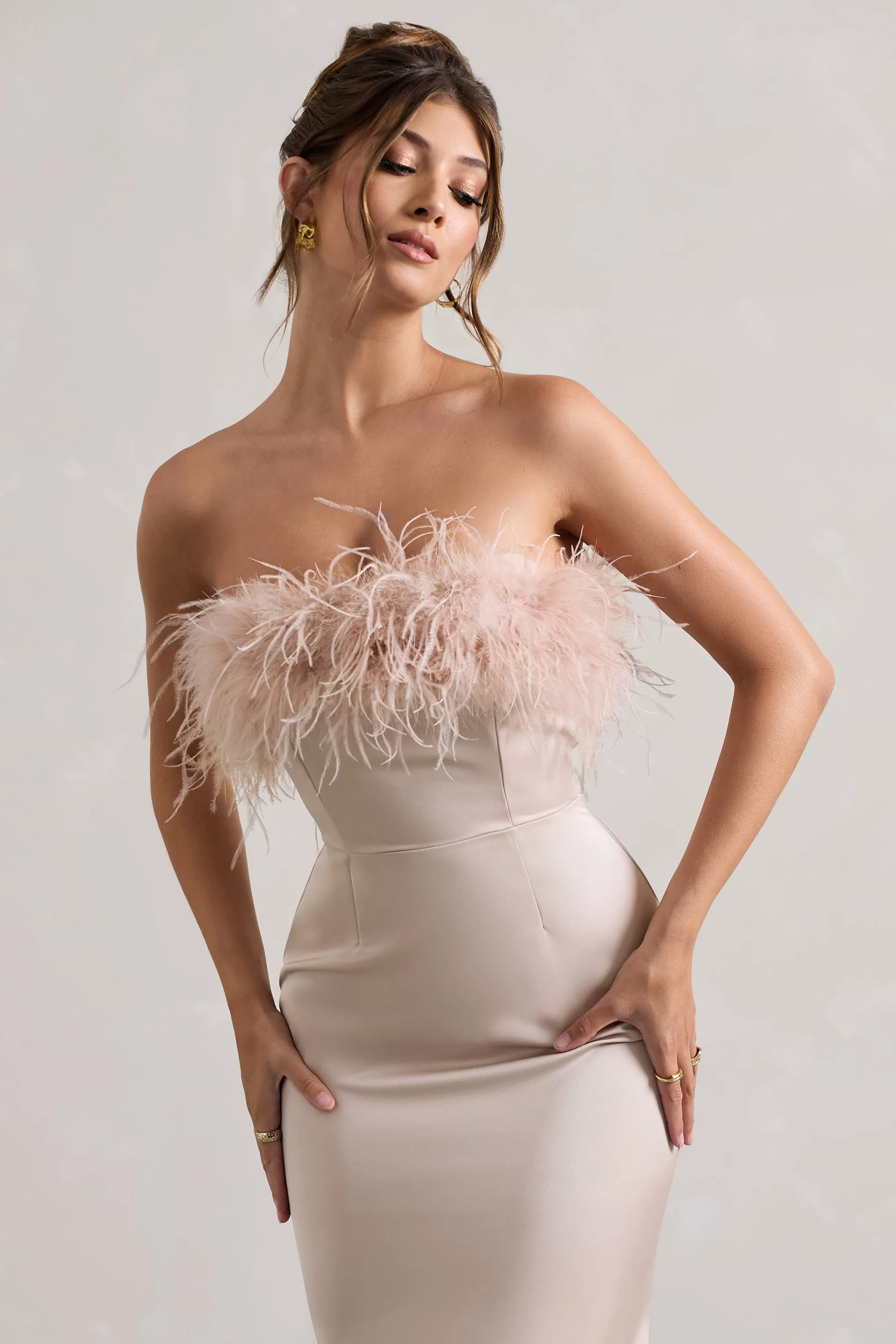 Dress For It | Champagne Satin Feather Trim Bandeau Maxi Dress sold by Club L London product image thumbnail 3