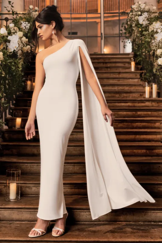 Dominique | White One Shoulder Cape Sleeve Bodycon Maxi Dress sold by Club L London