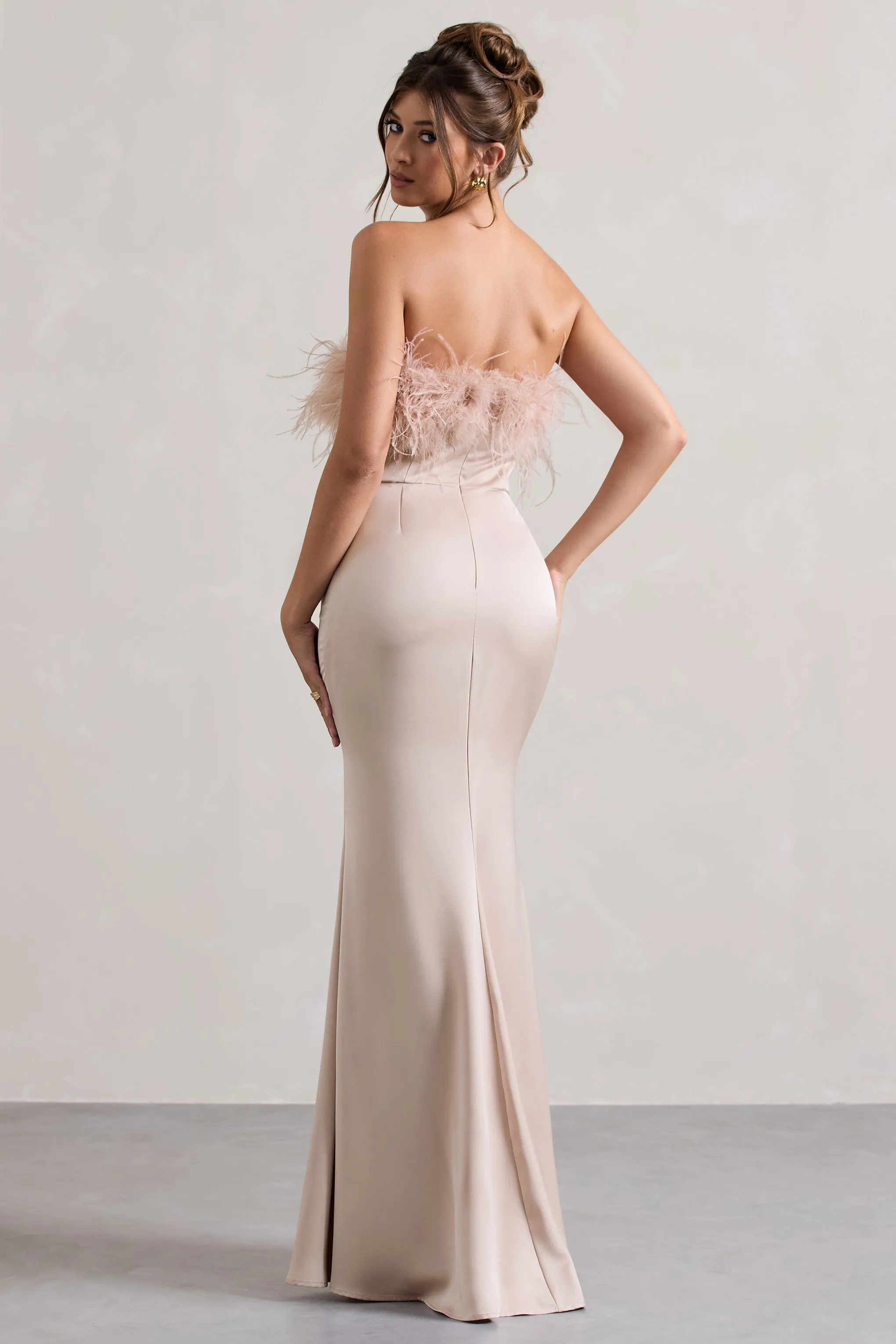 Dress For It | Champagne Satin Feather Trim Bandeau Maxi Dress sold by Club L London product image thumbnail 2