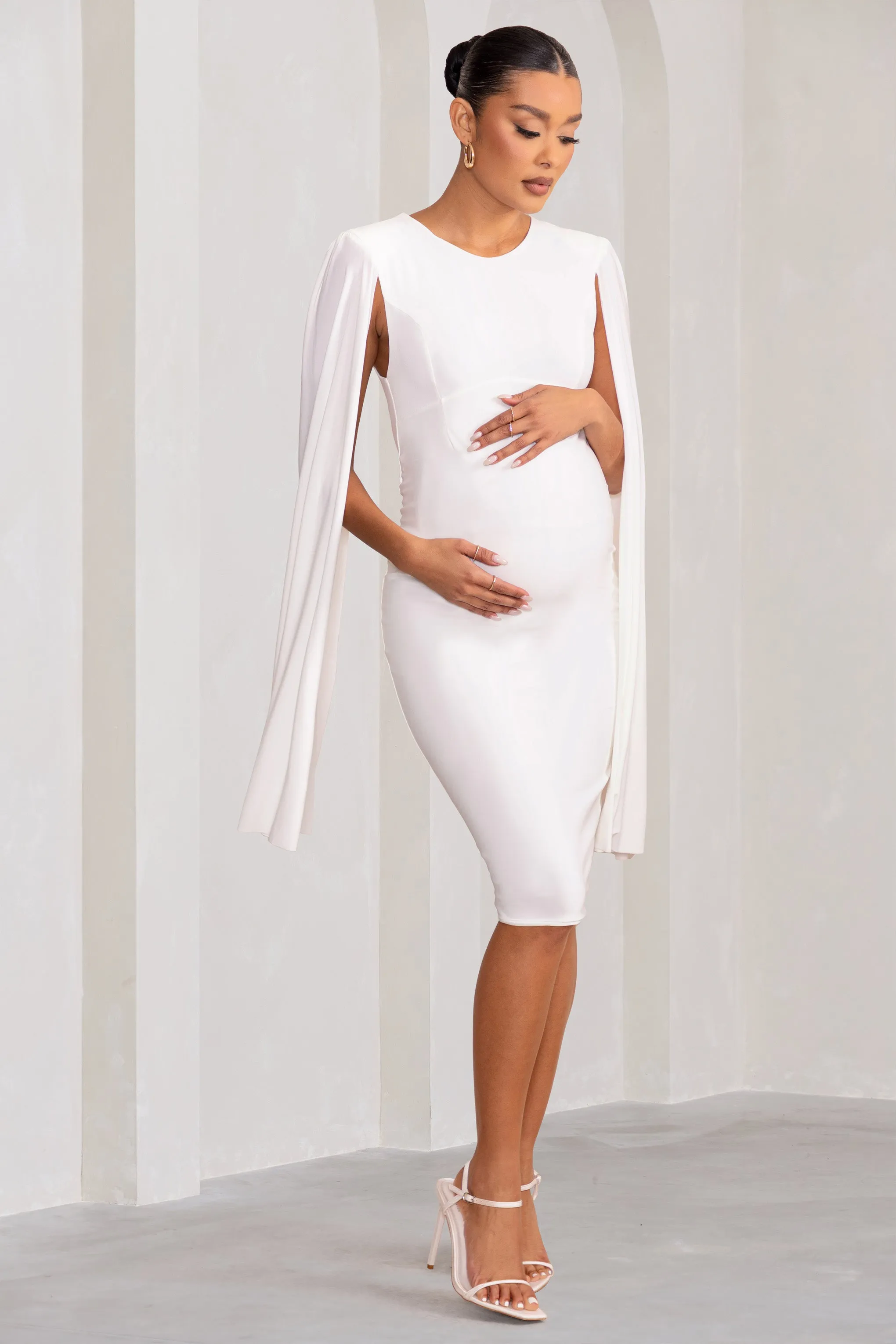 Hey Mama | White Maternity Cape Midi Dress sold by Club L London product image thumbnail 4