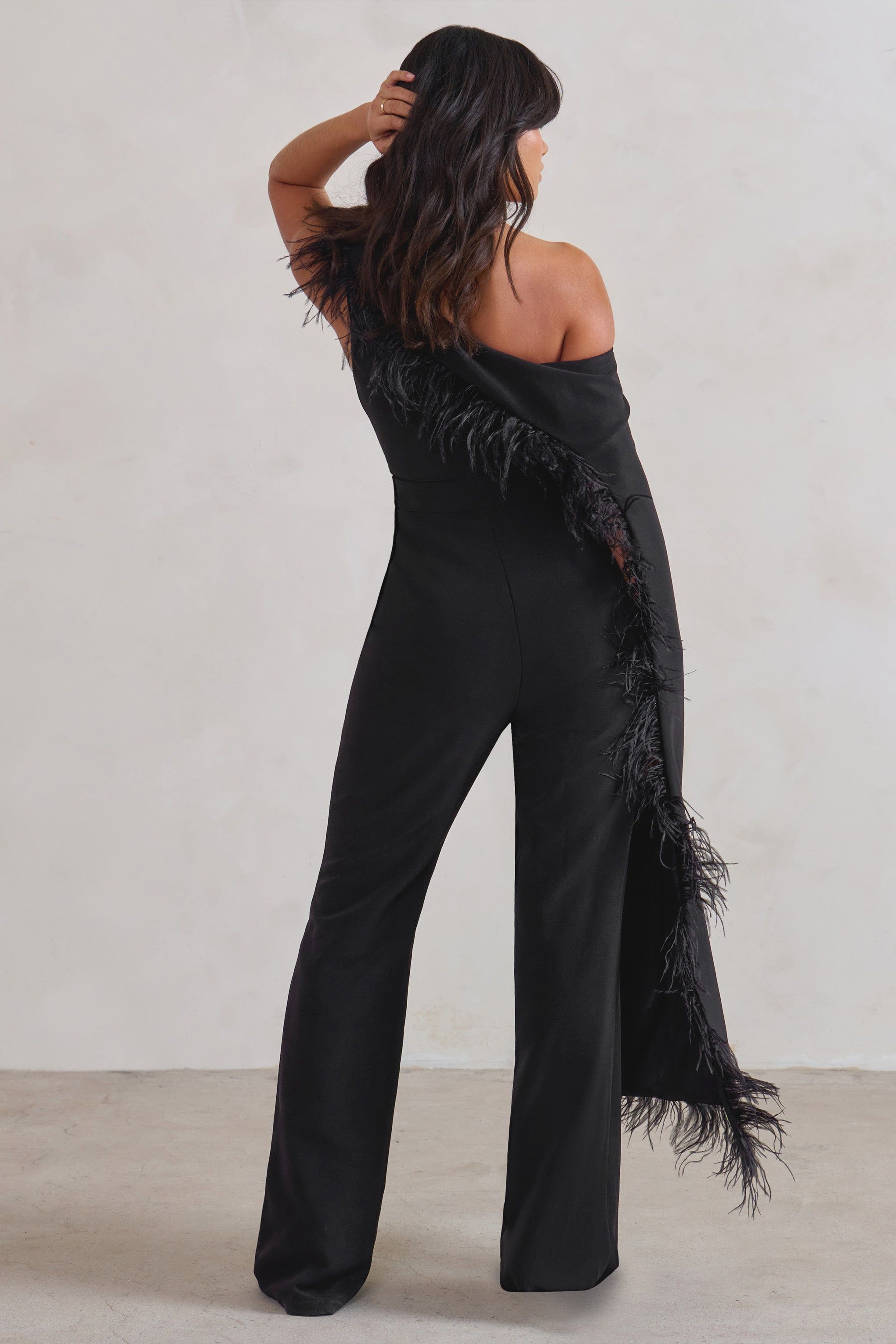 Cindy | Black One-Shoulder Cape Jumpsuit with Feather Trim sold by Club L London product image thumbnail 2