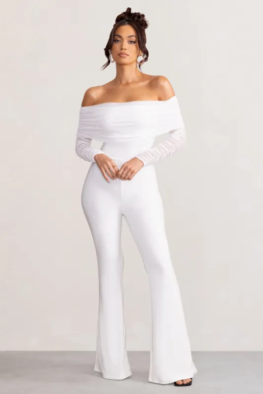 Whisper | White Ruched Mesh Bardot Jumpsuit sold by Club L London