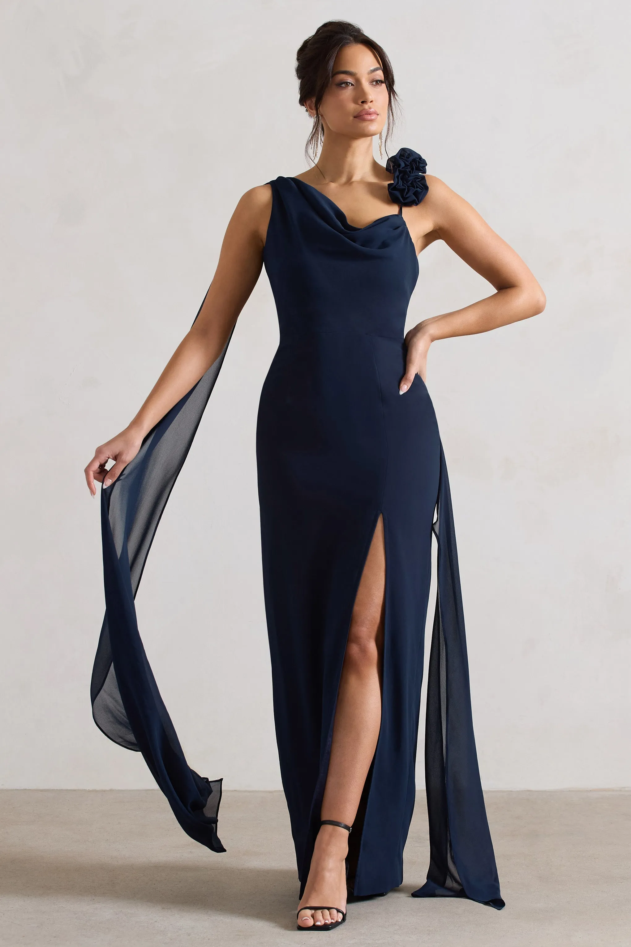 Angeline | Navy Chiffon Draped Split Maxi Dress With Corsages sold by Club L London product image thumbnail 5
