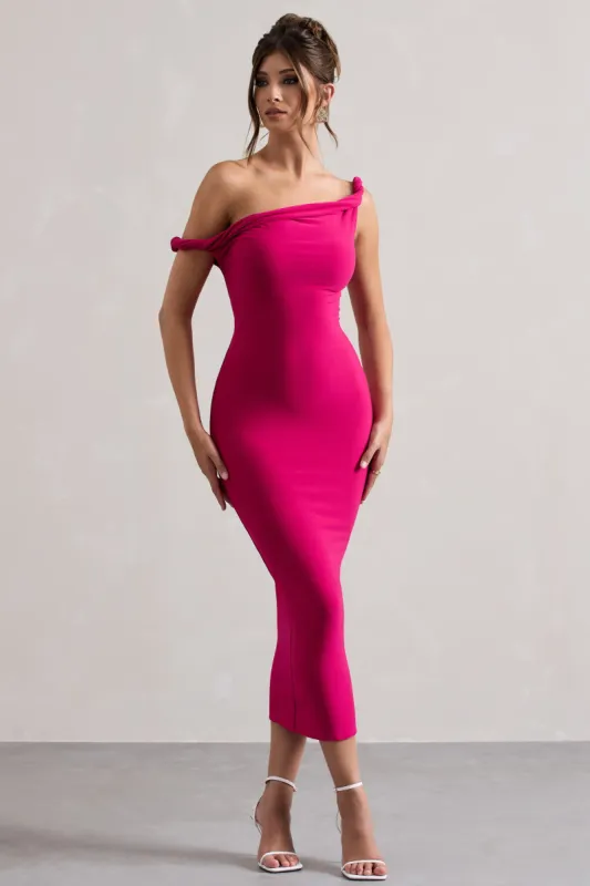 Salome | Dark Pink Twisted Asymmetric Midi Dress sold by Club L London