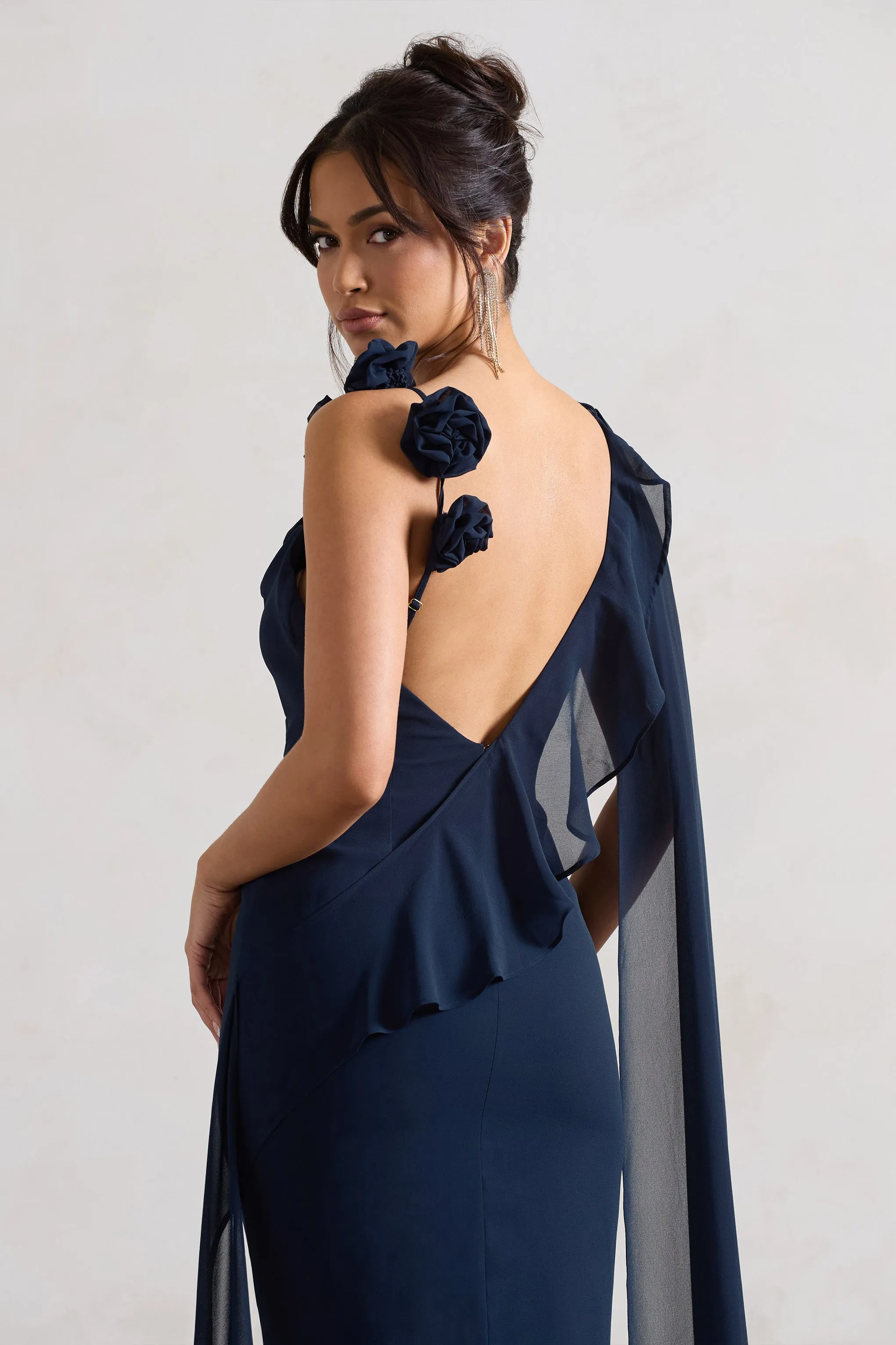 Angeline | Navy Chiffon Draped Split Maxi Dress With Corsages sold by Club L London product image thumbnail 4