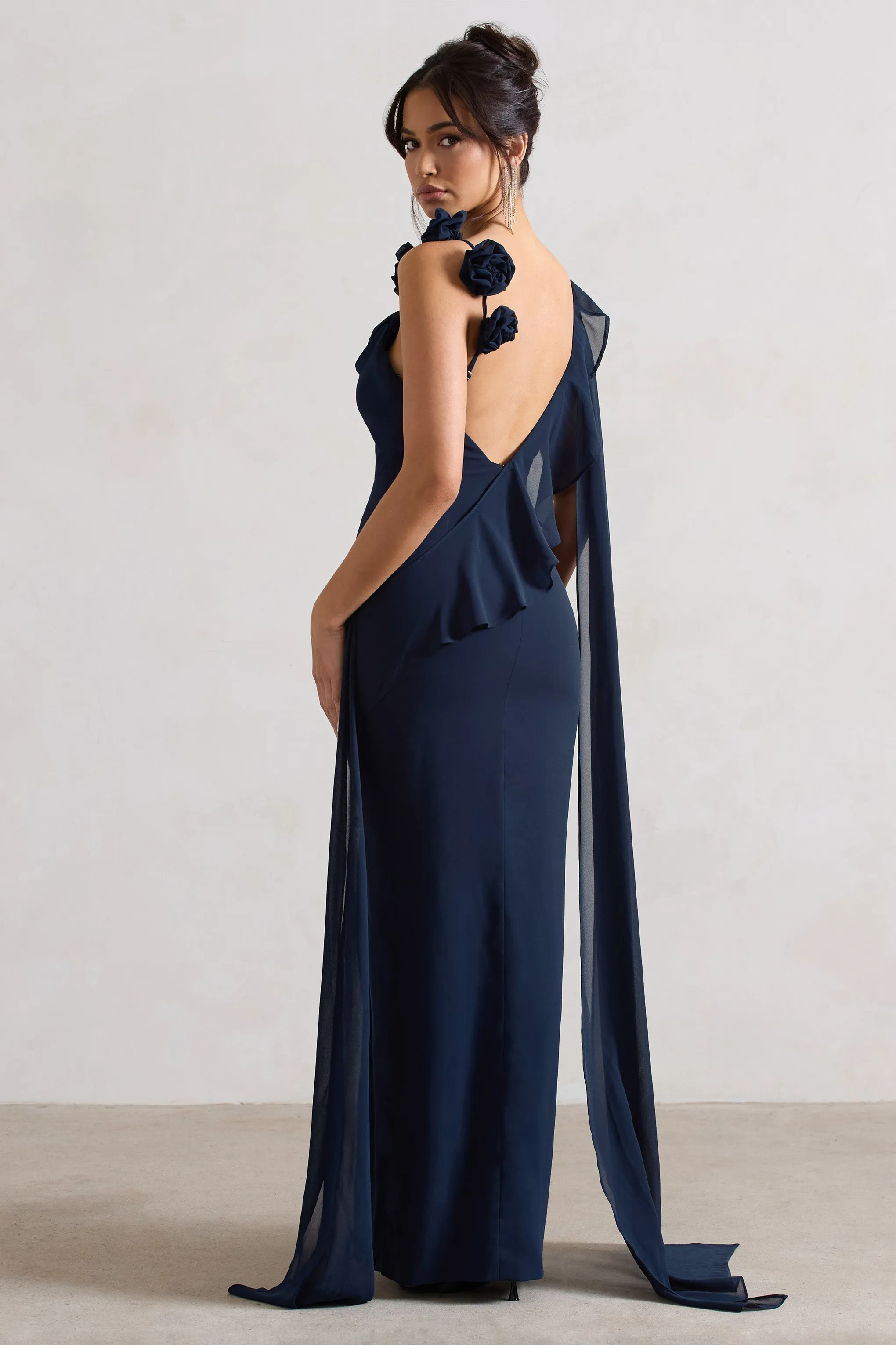 Angeline | Navy Chiffon Draped Split Maxi Dress With Corsages sold by Club L London product image thumbnail 2