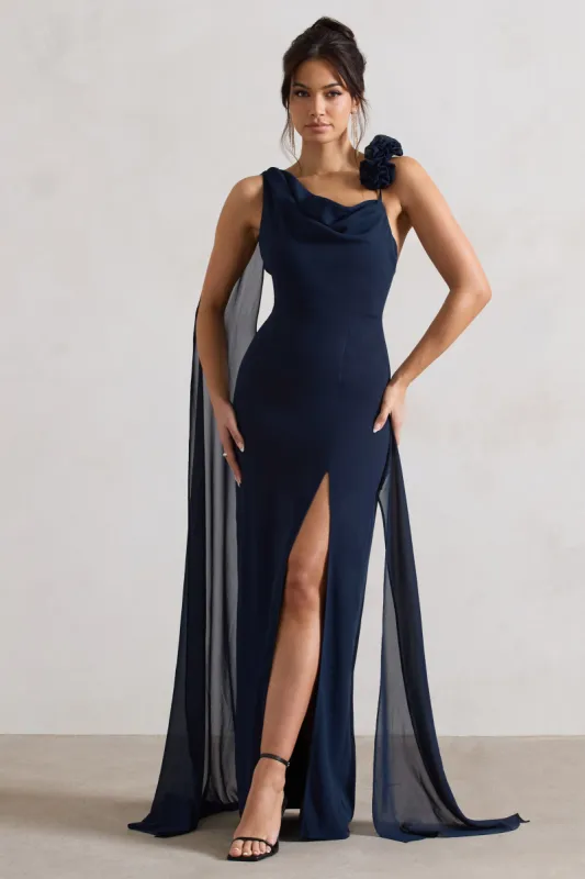 Angeline | Navy Chiffon Draped Split Maxi Dress With Corsages sold by Club L London