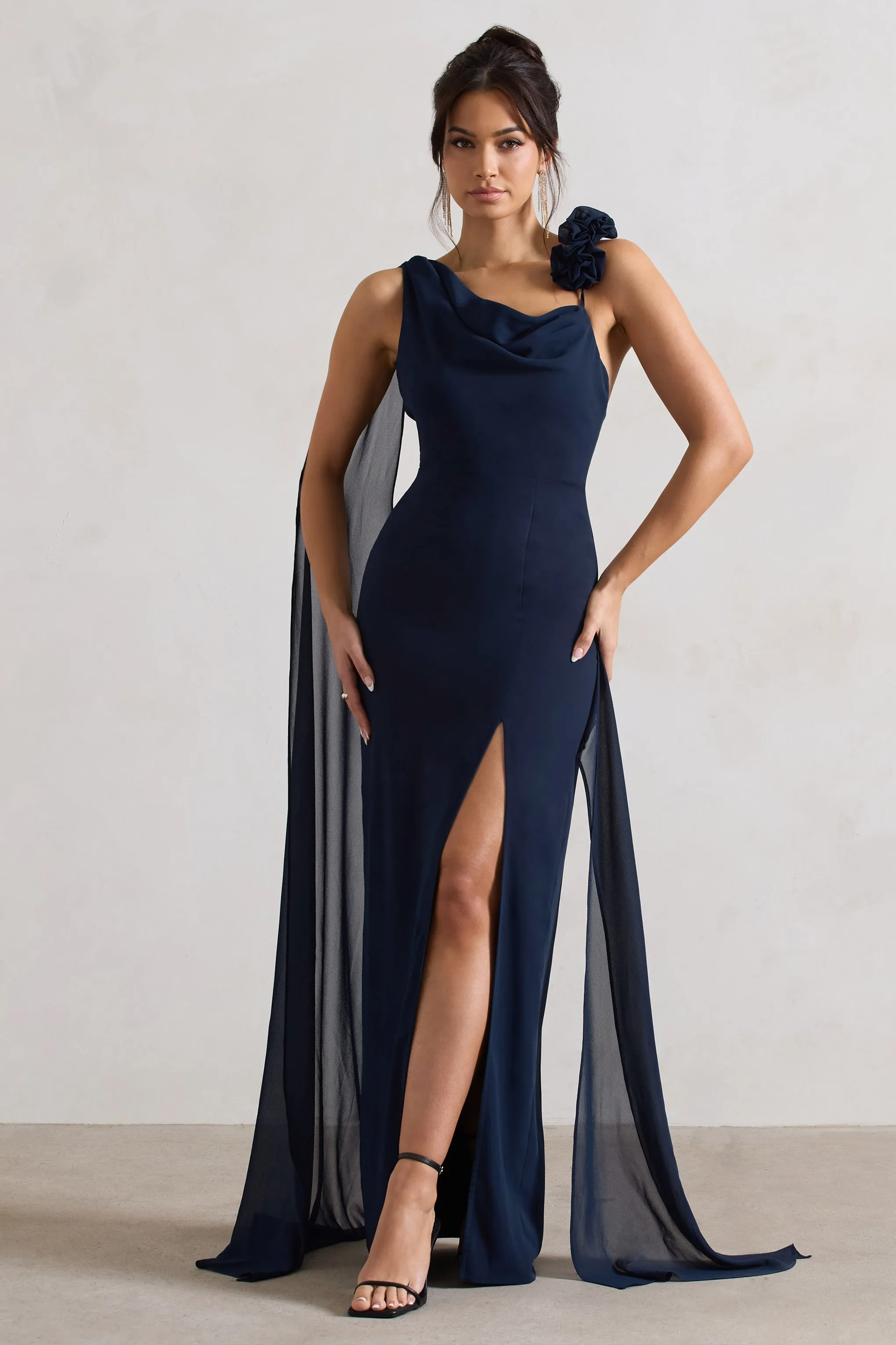 Angeline | Navy Chiffon Draped Split Maxi Dress With Corsages sold by Club L London