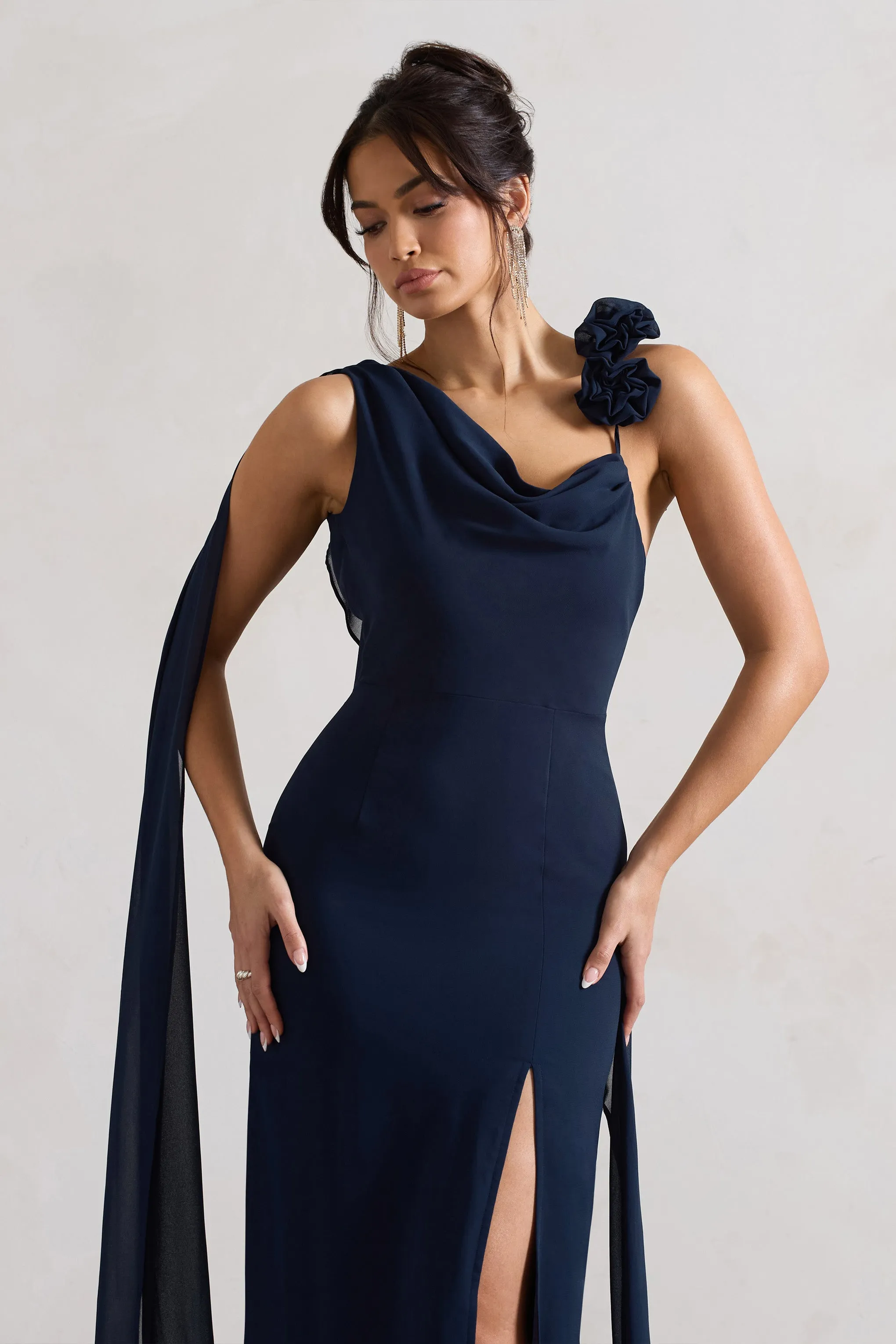 Angeline | Navy Chiffon Draped Split Maxi Dress With Corsages sold by Club L London product image thumbnail 3