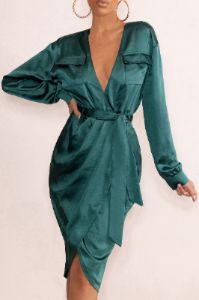 True Romance | Bottle Green Satin Plunge Neck Midi Dress With Belt Detail sold by Club L London
