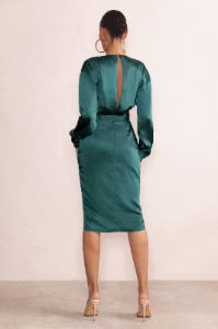 True Romance | Bottle Green Satin Plunge Neck Midi Dress With Belt Detail sold by Club L London