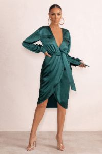 True Romance | Bottle Green Satin Plunge Neck Midi Dress With Belt Detail sold by Club L London